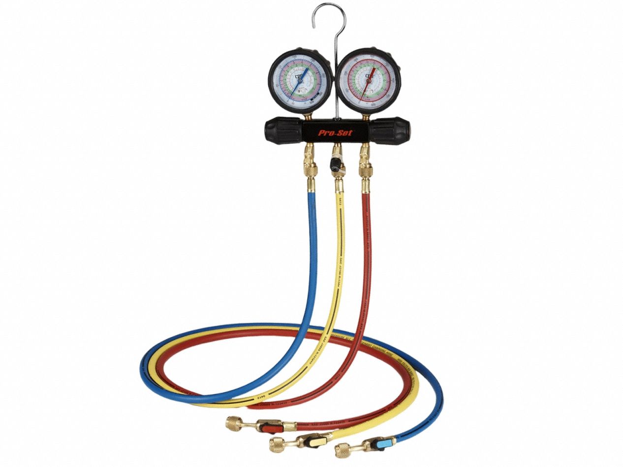 Manifold Gauge Set: 2 Valves, 3 Hoses, 3 1/2 in Gauge, For R-134A/R-22/R-404A/R-410A