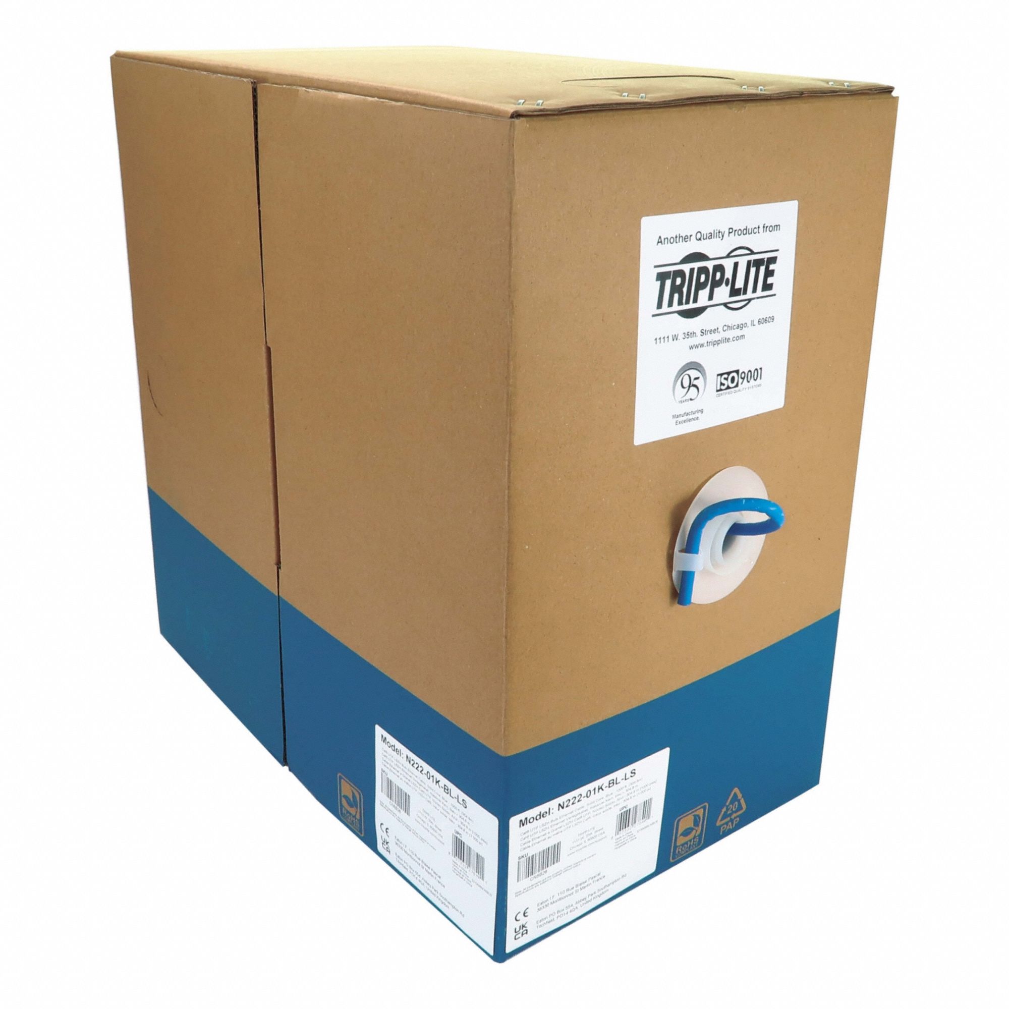 Bulk Ethernet Cable: 1, 000 ft Cable Lg, 23 AWG, Riser, Blue, LSZH, N222-01K-BL-LS
