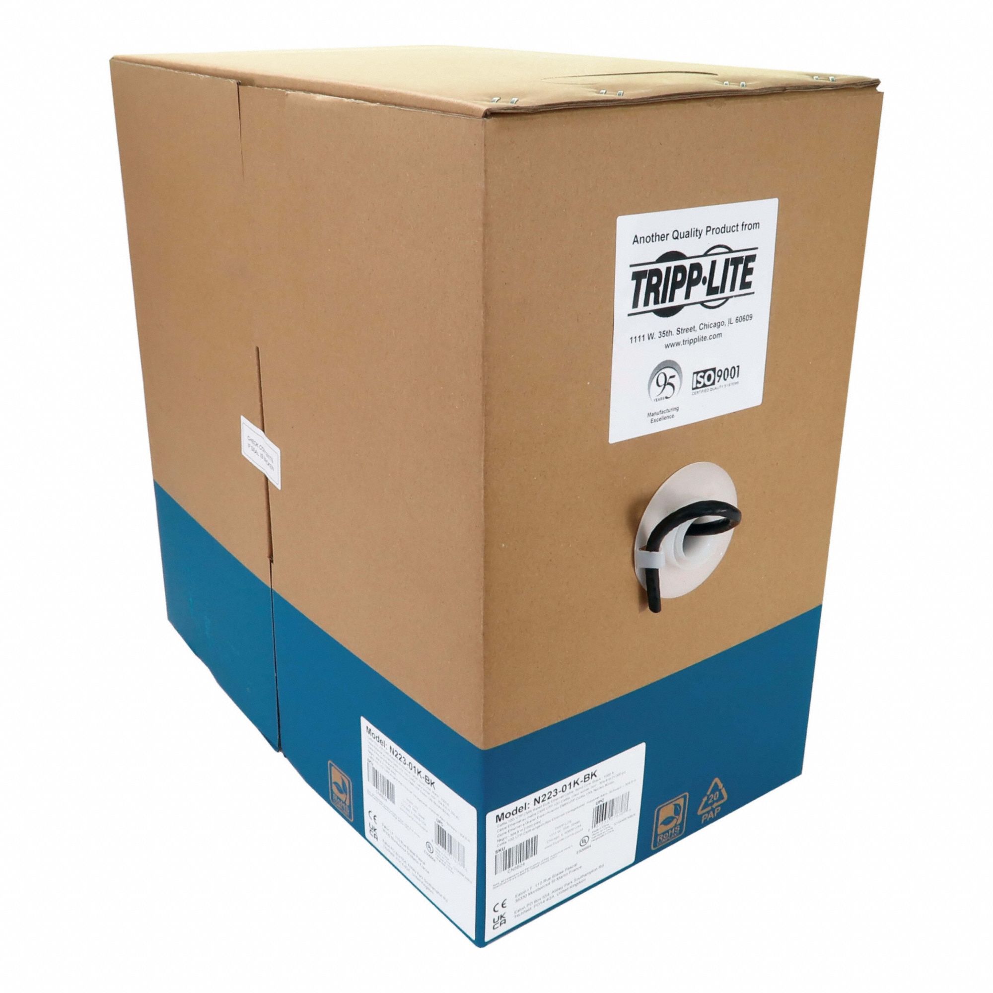 Bulk Ethernet Cable: 1, 000 ft Cable Lg, 23 AWG, Riser, Black, PVC, N223-01K-BK, 6A