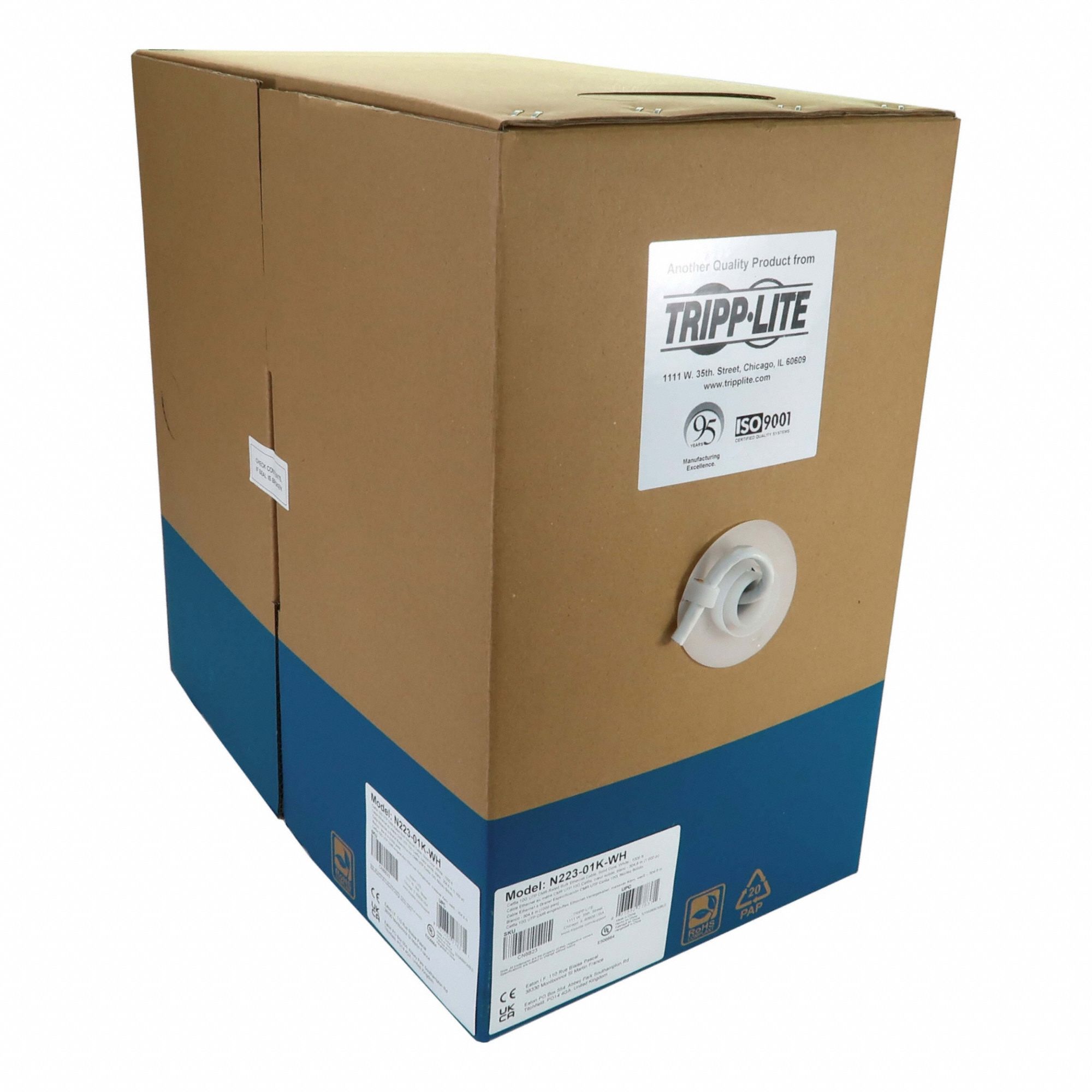 Bulk Ethernet Cable: 1, 000 ft Cable Lg, 23 AWG, Riser, White, PVC, N223-01K-WH, 6A