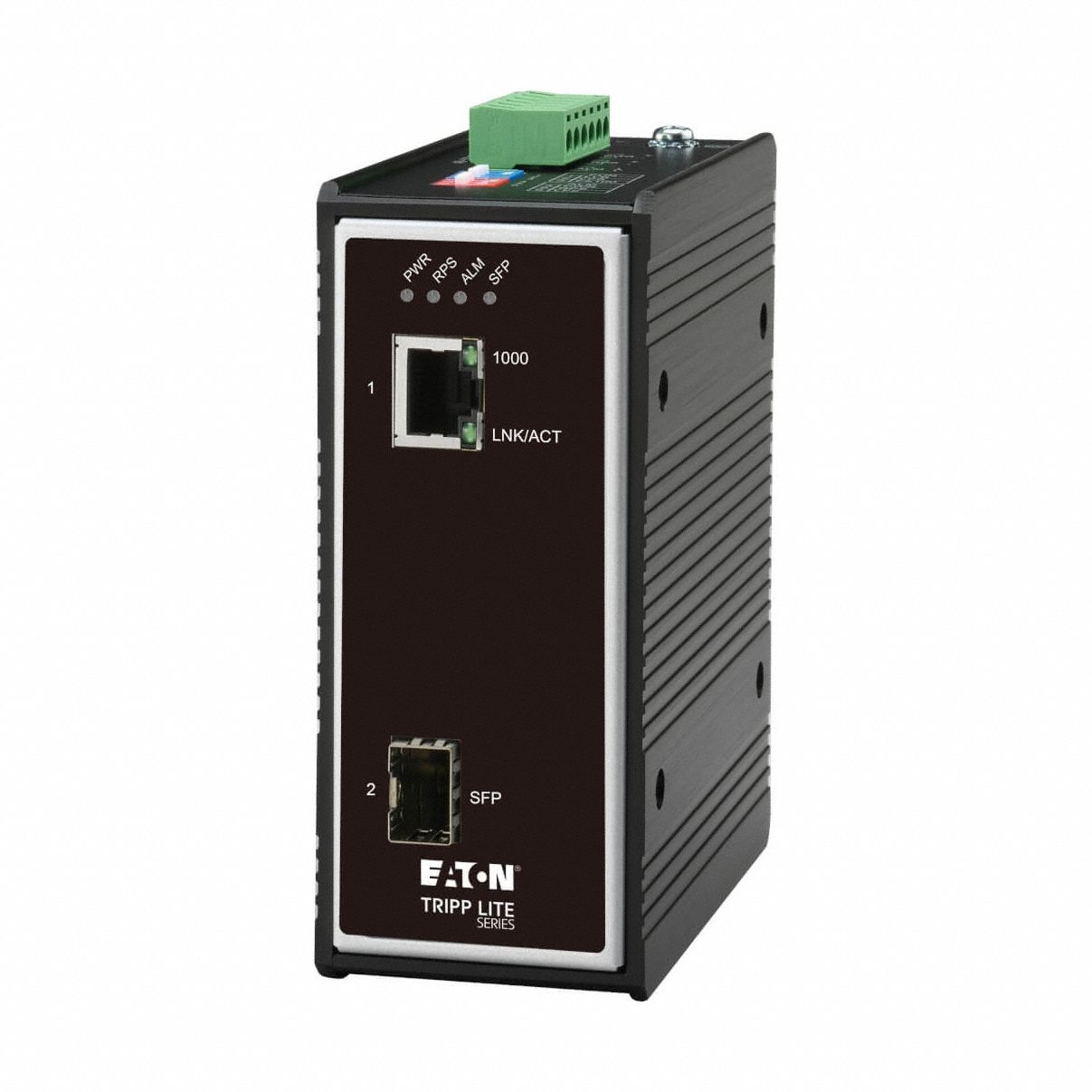 EATON TRIPP LITE Industrial Fiber to Ethernet Media Converter: DIN Rail, 2 Ports, RJ45/SFP, IP30 (MPN N785-I01-SFP-D). Key specifications — Port Type: RJ45; Mode Type: Multimode; Manufacturer Part Number: N785-I01-SFP-D; Brand: EATON TRIPP LITE; Features: TAA-Compliant for GSA Schedule Purchases; IP Rating: IP30; Product Type: Industrial Fiber to Ethernet Media Converter; Maximum Input Voltage: 57V DC.