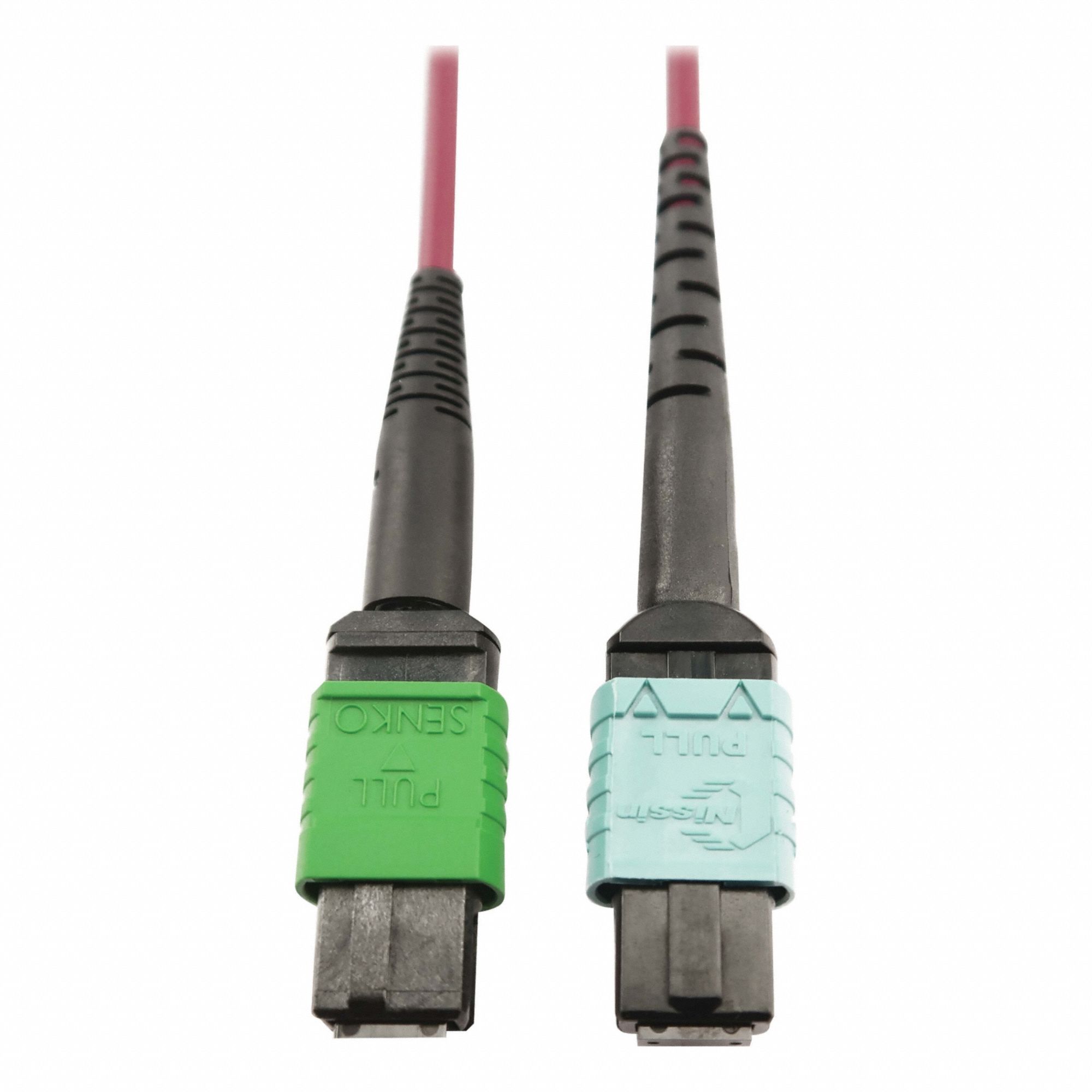 Fiber Cable: (1) 16F MPO/APC Female (Green) x (1) 12F MPO/UPC Female (Aqua), Plenum