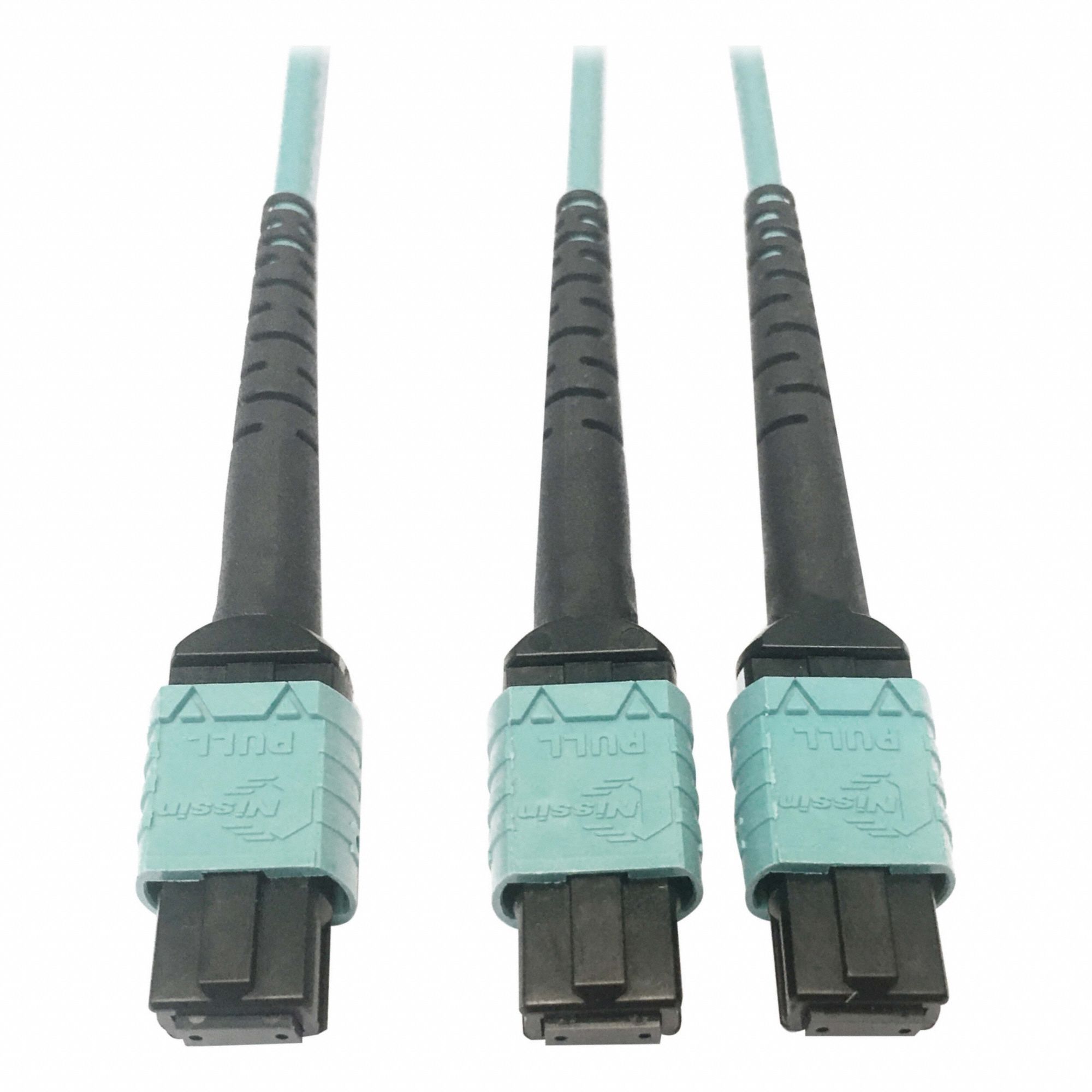 Fiber Cable: (1) 24F MPO/PC Female (Aqua) x (2) 12F MPO/PC Female (Aqua), Method B