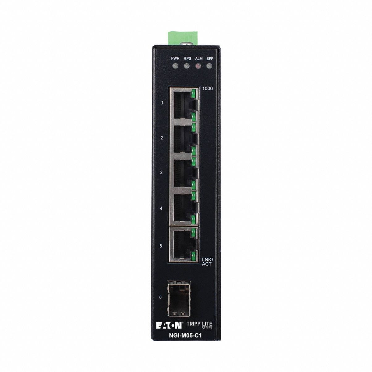 EATON TRIPP LITE Ethernet Switch: Managed, DIN Rail, 5 Ports, RJ45, (5) 10/100/1000 MBps, IP30 (MPN NGI-M05-C1). Key specifications — Port Type: RJ45; Manufacturer Part Number: NGI-M05-C1; Brand: EATON TRIPP LITE; Features: CLI or Web Management Allows Monitoring and Control of each Connected Device; IP Rating: IP30; Maximum Input Voltage: 20/57V DC; Mounting Location: DIN Rail; Network Interface: (5) 10/100/1000 MBps.