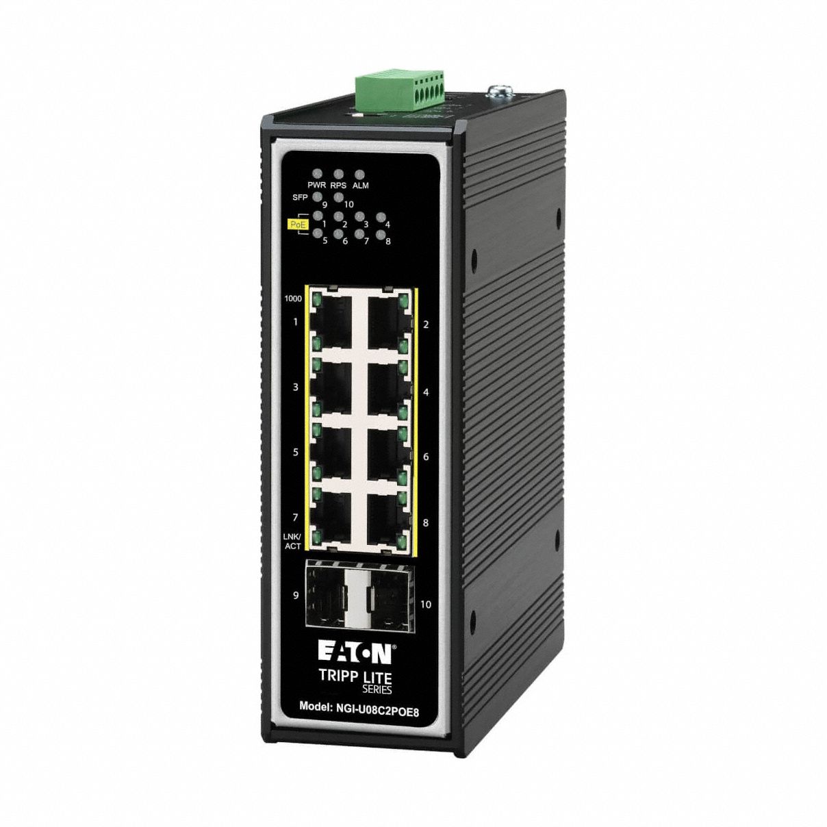 EATON TRIPP LITE Ethernet Switch: Unmanaged, DIN Rail, 8 Ports, RJ45 (MPN NGI-U08C2POE8). Key specifications — Port Type: RJ45; Manufacturer Part Number: NGI-U08C2POE8; Brand: EATON TRIPP LITE; Features: Compliant with the Federal Trade Agreements Act (TAA) for GSA Schedule Purchases; Mounting Location: DIN Rail; Network Interface: (8) RJ-45F (10/100/1000 MBps) with PoE+.
