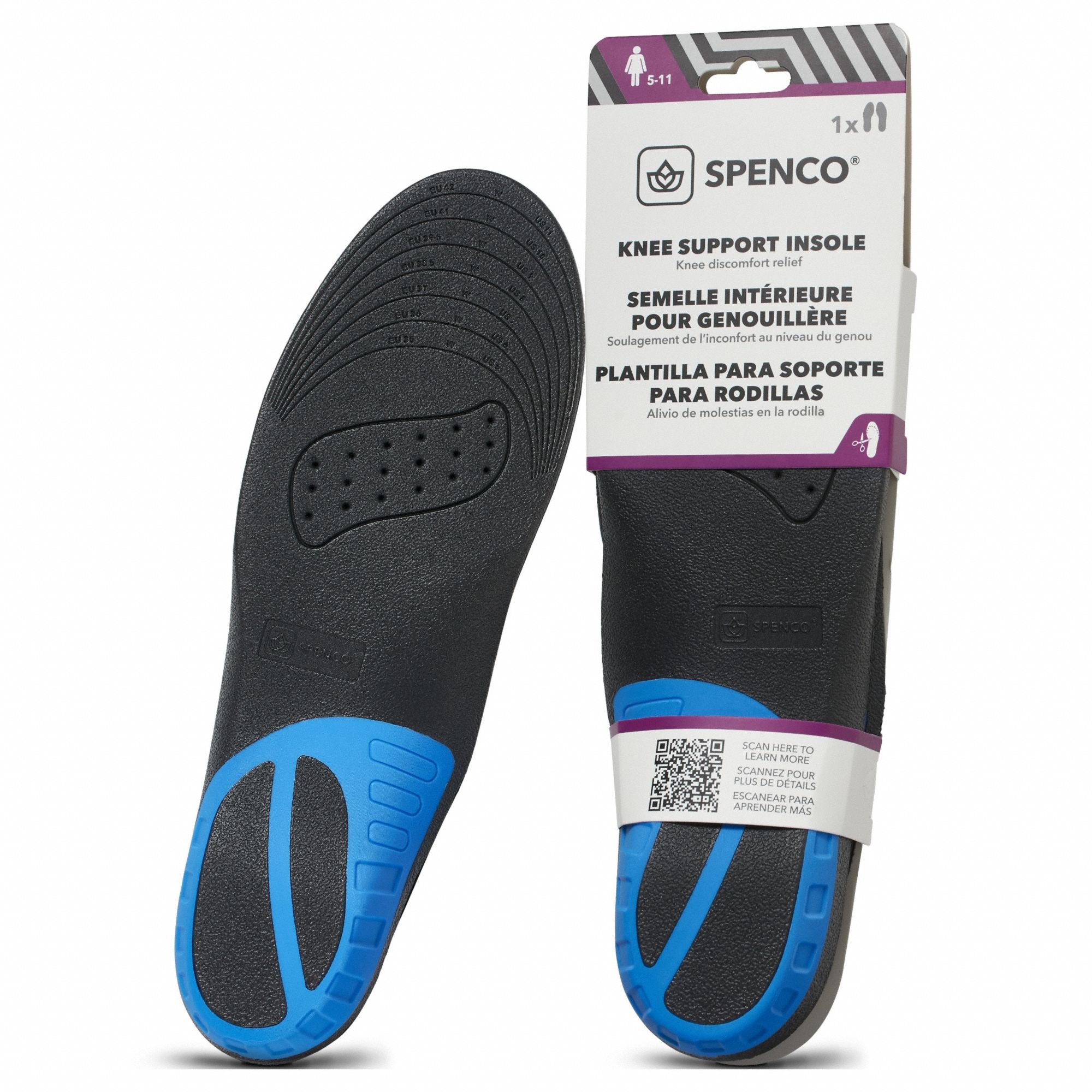 Insole: Knee Pain, Black/Blue, Medium, Knee Support Women's Trim to Fit, Women's, Round, 1 PR