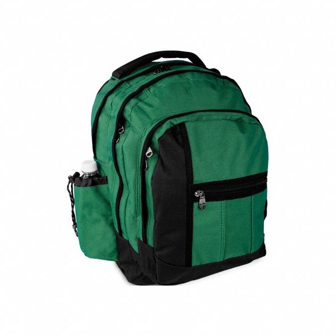 Backpack: Green, (2) Main Compartments/(2) Side Pouches/Padded Shoulder Strap, Zipper