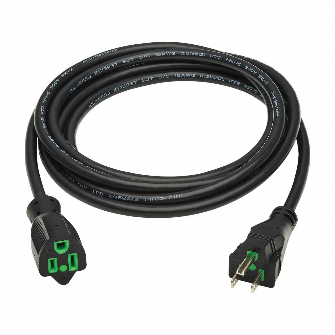 Power Cord: 6 ft Cord Lg, 16 AWG Wire Size, 16/3, SJT, NEMA 5-15P, Black, 1 Outlets