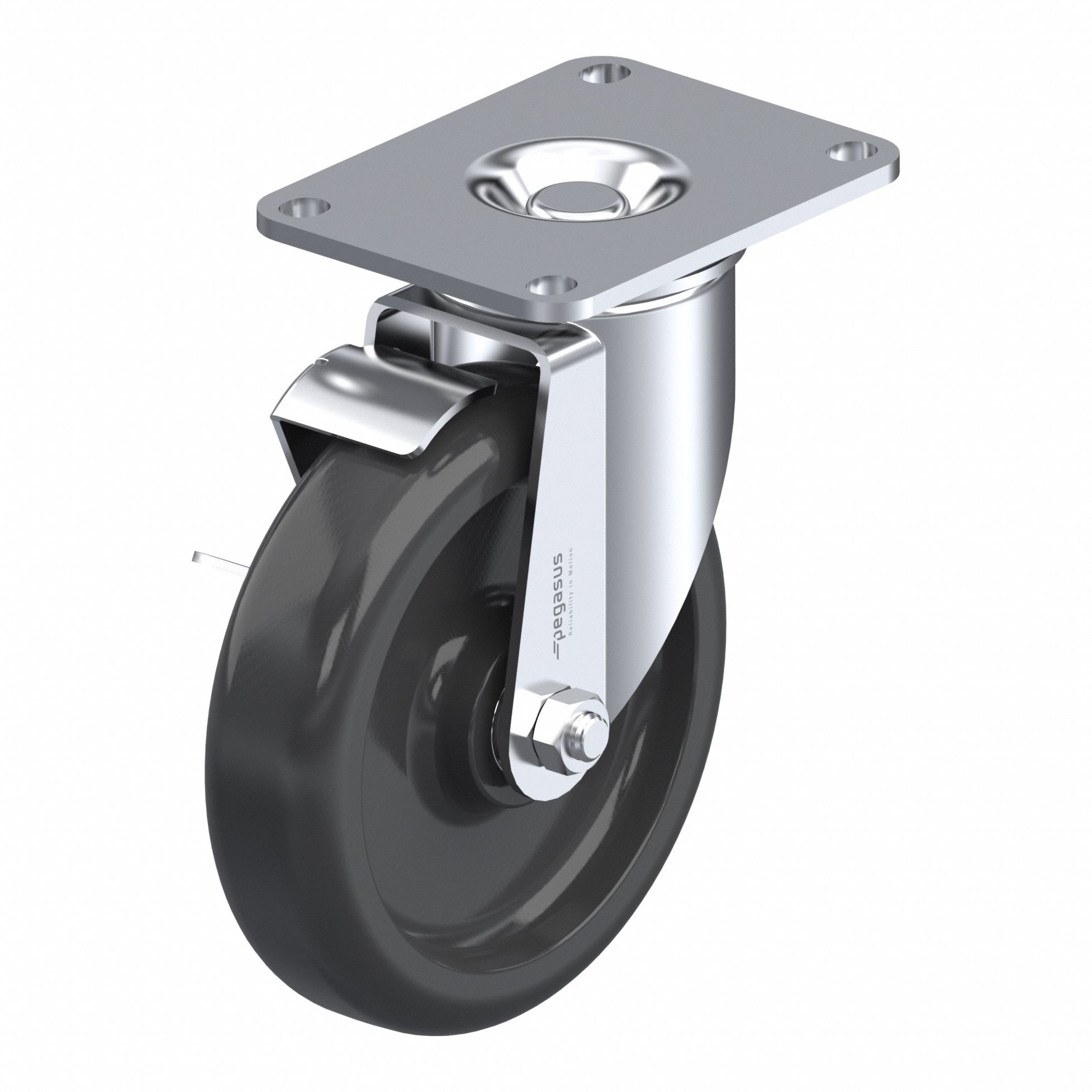 Plate Caster: Swivel, Side Brake, Polypropylene, 5 in Wheel Dia, 1 1/4 in Wheel Wd