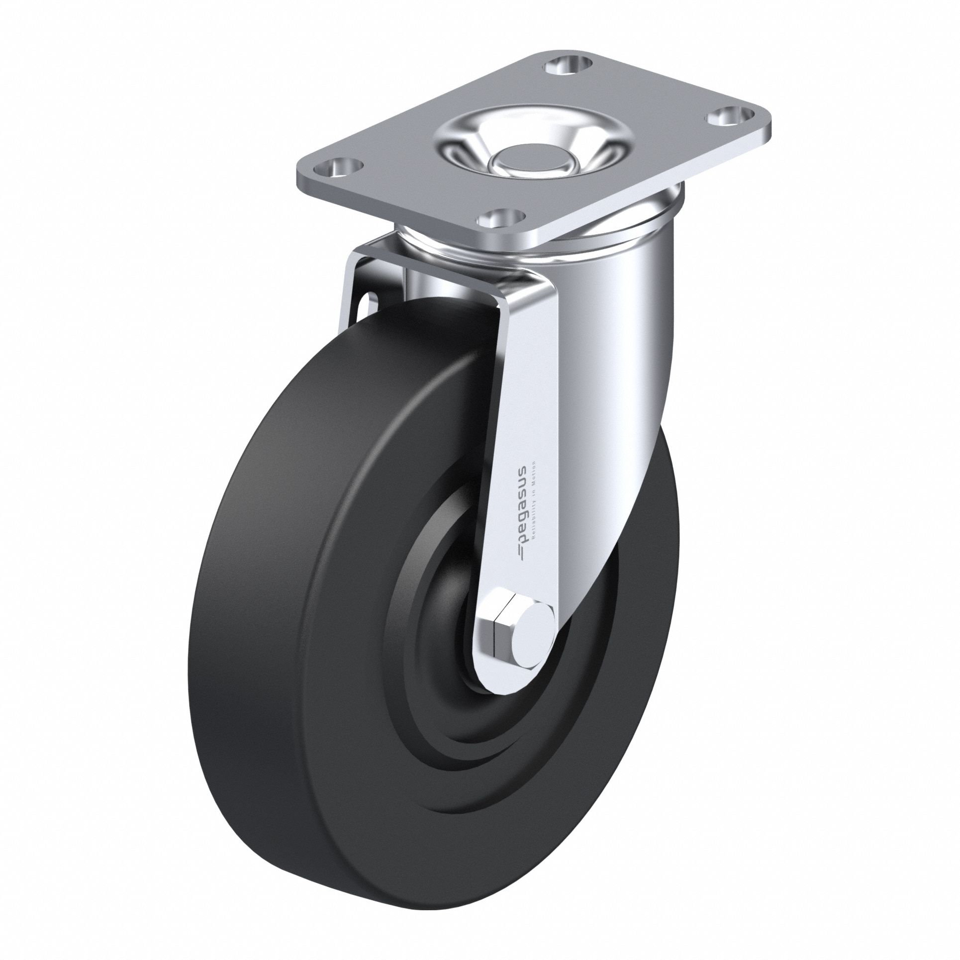 Plate Caster, Swivel, Rubber, 6 3/16"H