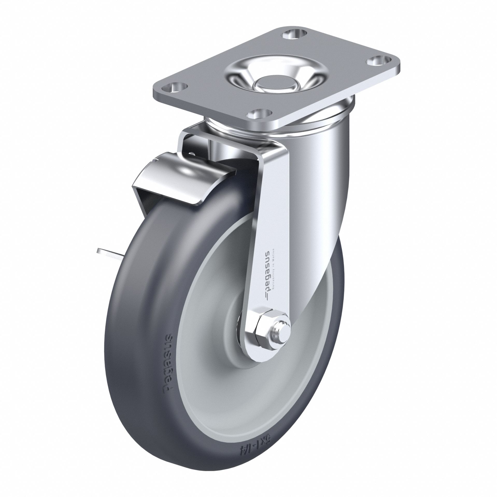 Plate Caster: Swivel, Side Brake, Polyurethane, 5 in Wheel Dia, 1 1/4 in Wheel Wd