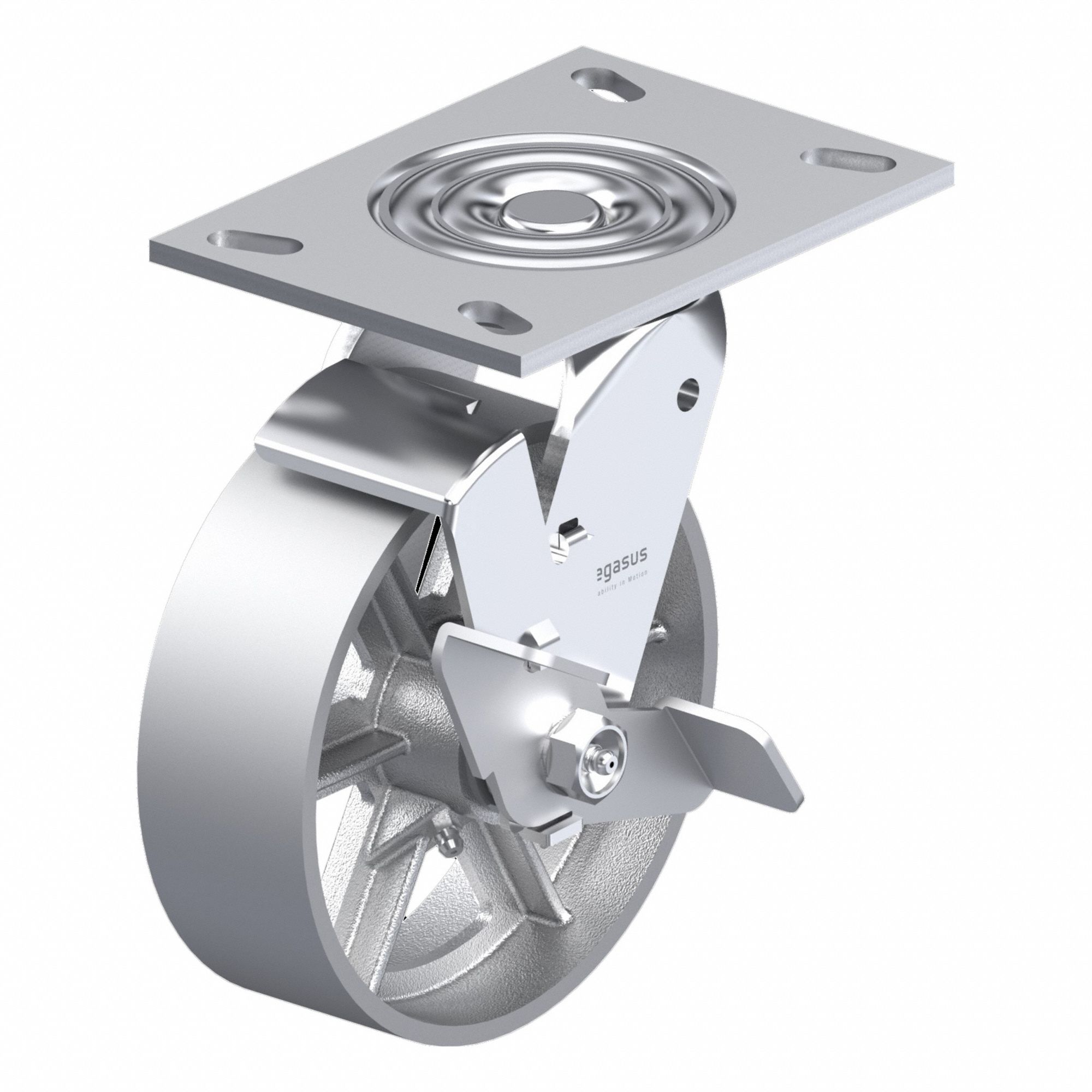 Plate Caster: Swivel, Side Brake, Iron, 5 in Wheel Dia, 2 in Wheel Wd, Slot, Roller