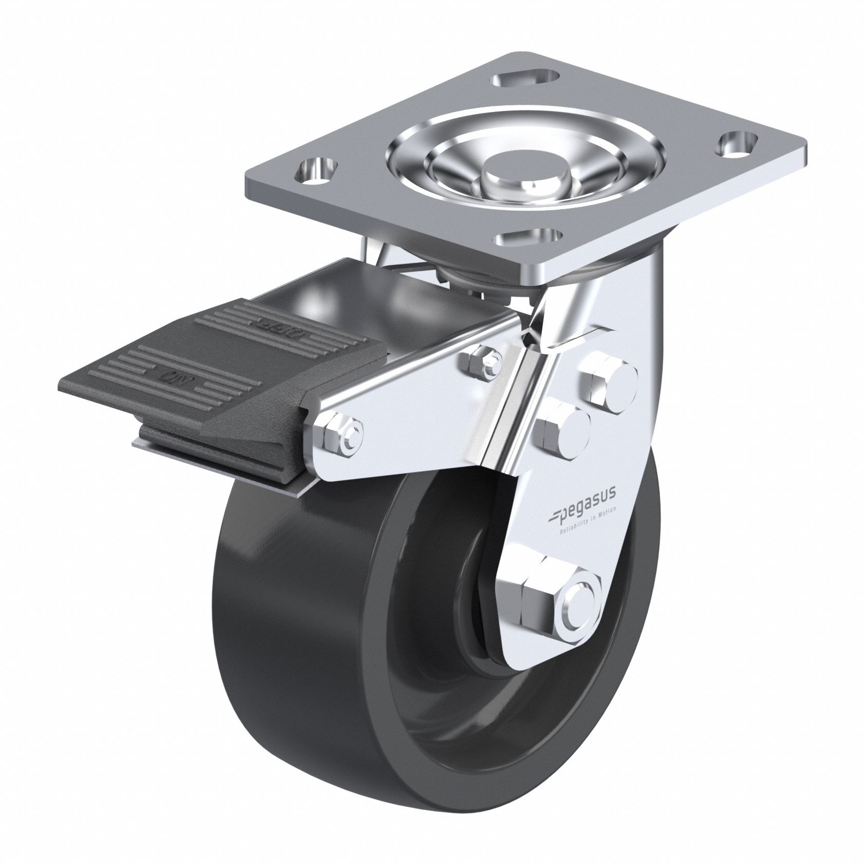 Plate Caster: Swivel, Total Lock, Polypropylene, 5 in Wheel Dia, 2 in Wheel Wd, Slot