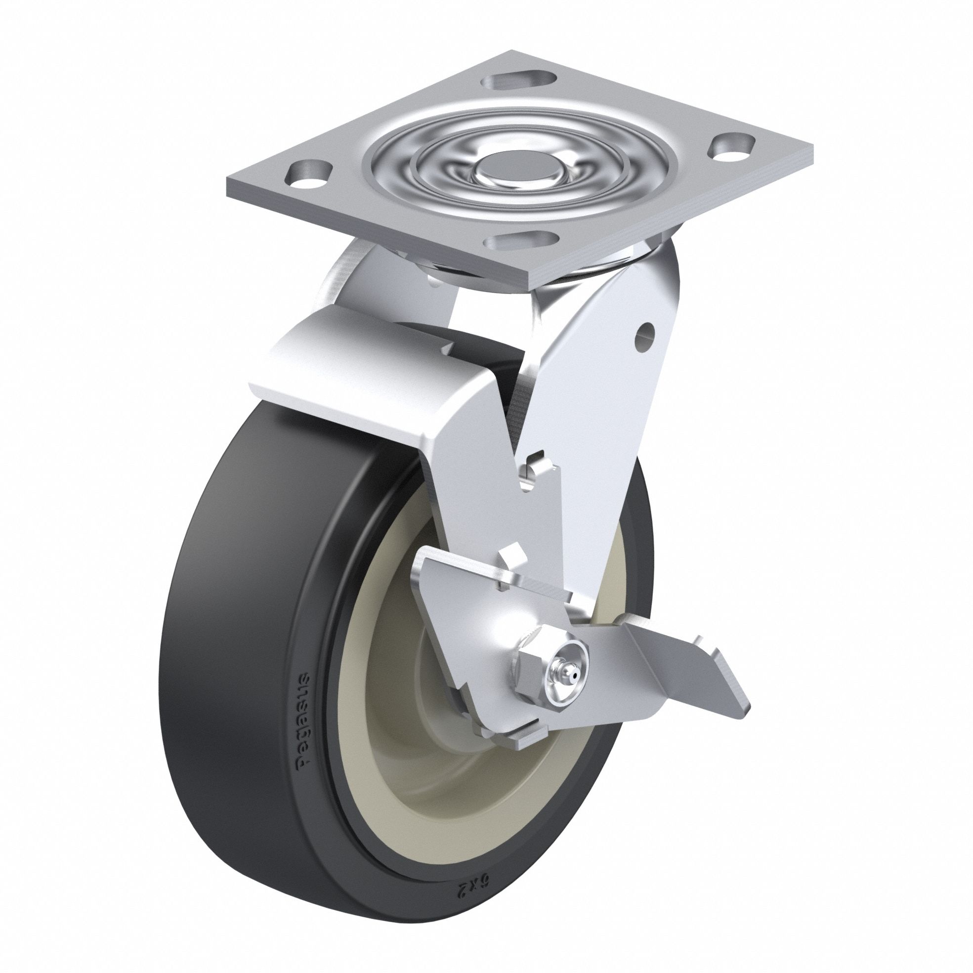 Plate Caster: Swivel, Side Brake, Polyurethane, 8 in Wheel Dia, 2 in Wheel Wd, Slot