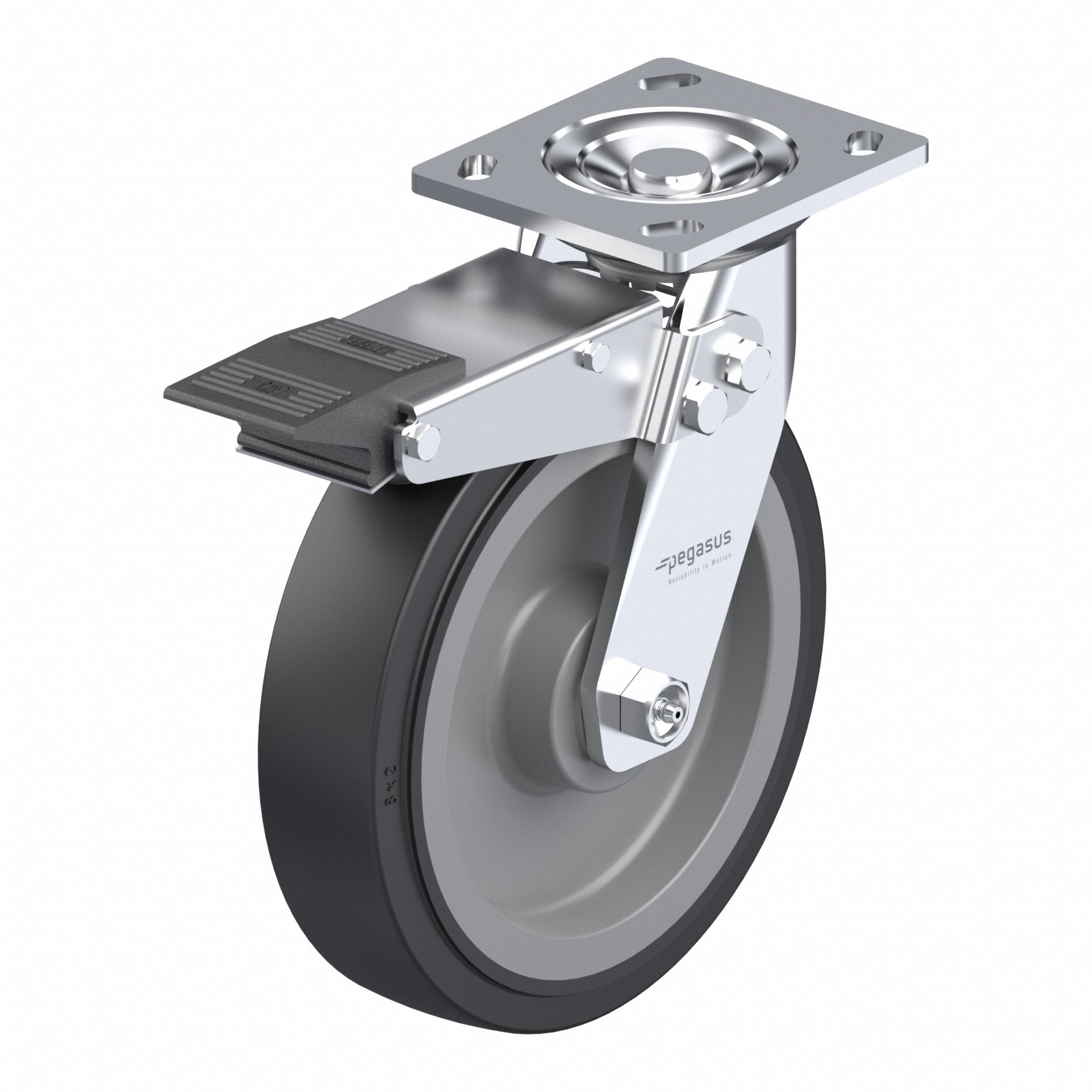 Plate Caster: Swivel, Total Lock, Polyurethane, 8 in Wheel Dia, 2 in Wheel Wd, Slot