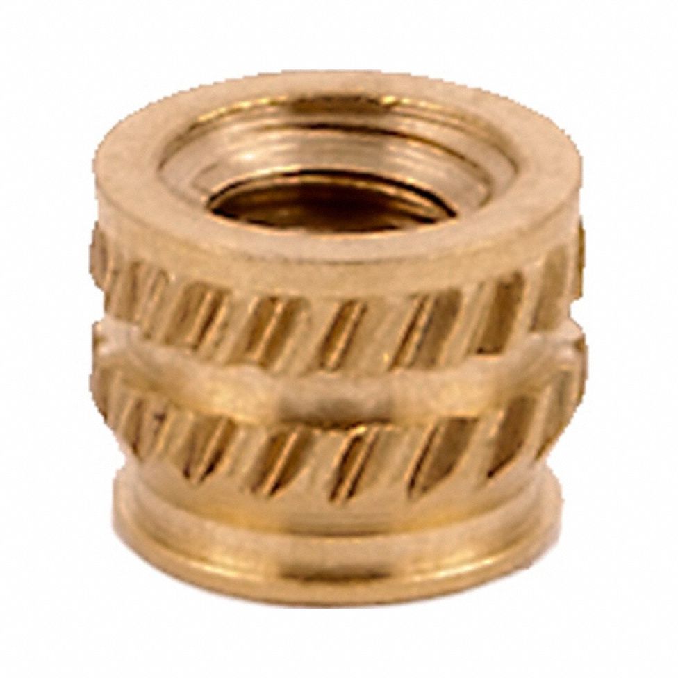 Heat-Set Insert: M3-0.50 Thread Size, 4 mm Overall Lg, 5.6 mm Dia, Brass, 1, 000 PK