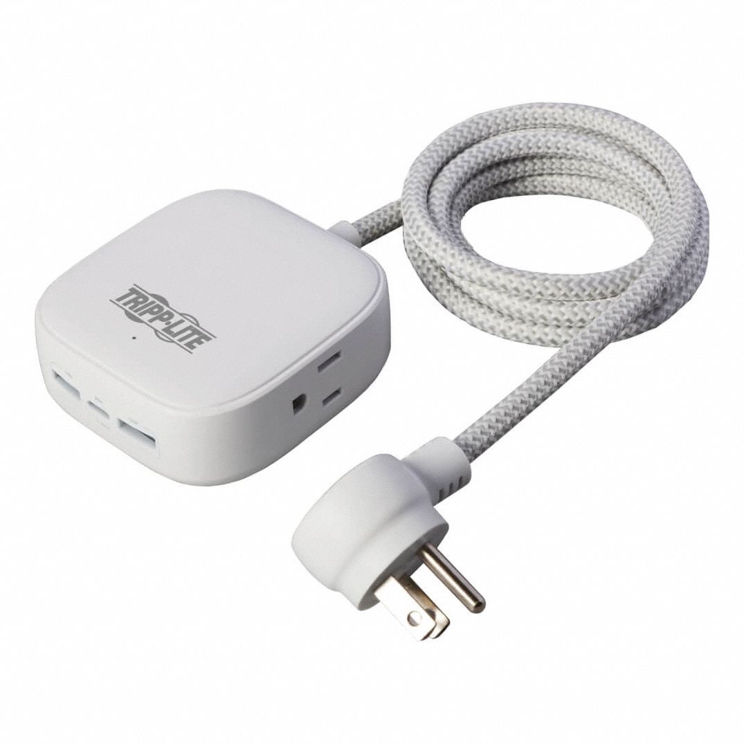 Surge Protector: 2 Outlets, NEMA 5-15R, NEMA 5-15P, 6 ft Cord Lg, 3 7/8 in Lg, White