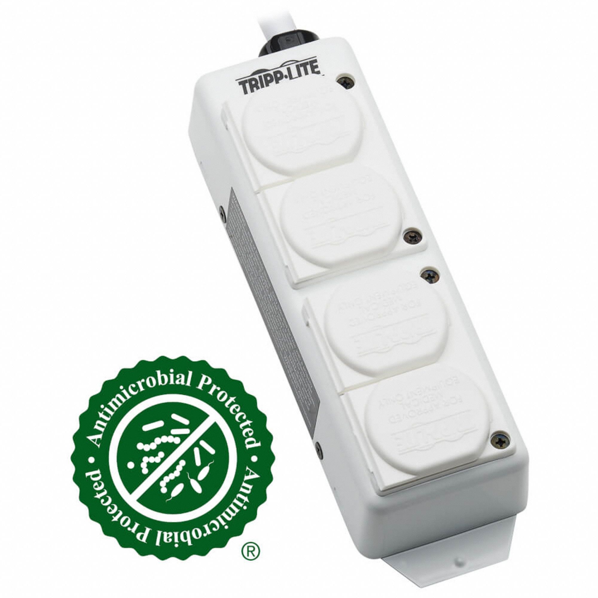 Outlet Strip: 4 Outlets, 15 ft Cord Lg, 15 A Max. Amps, White, NEMA 5-15P, 8 1/2 in Lg