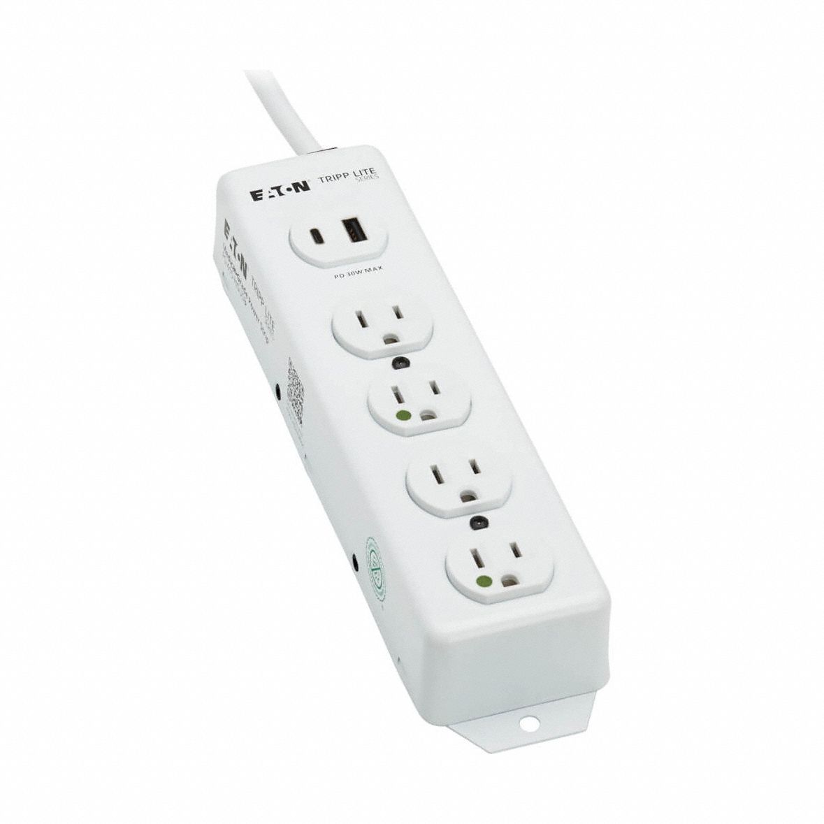 UL 1363A Medical-Grade Power Strip: 4 Outlets, 15 ft Cord Lg, 5 A Max. Amps, White