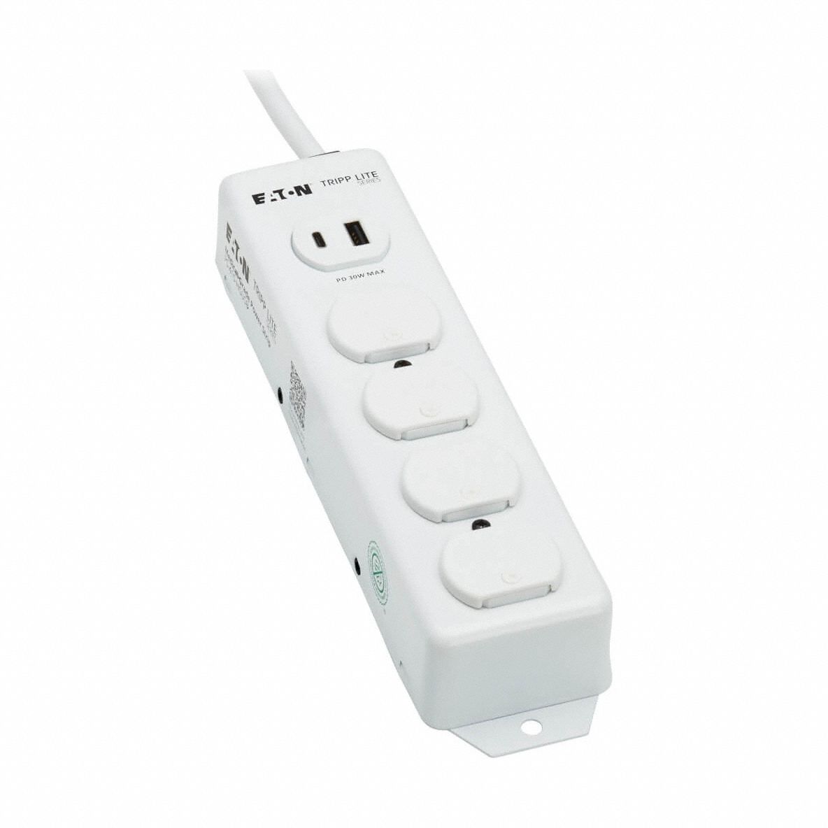 Power Strip: 4 Outlets, 15 ft Cord Lg, 15 A Max. Amps, White, Antimicrobial