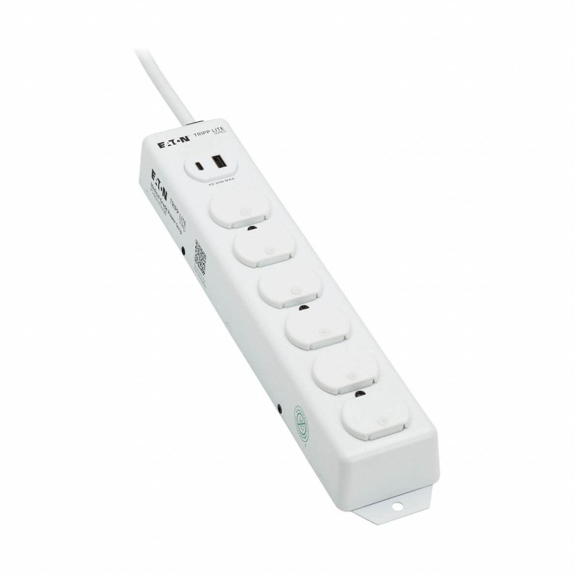 Power Strip: 6 Outlets, 1.5 ft Cord Lg, 15 A Max. Amps, White, Antimicrobial