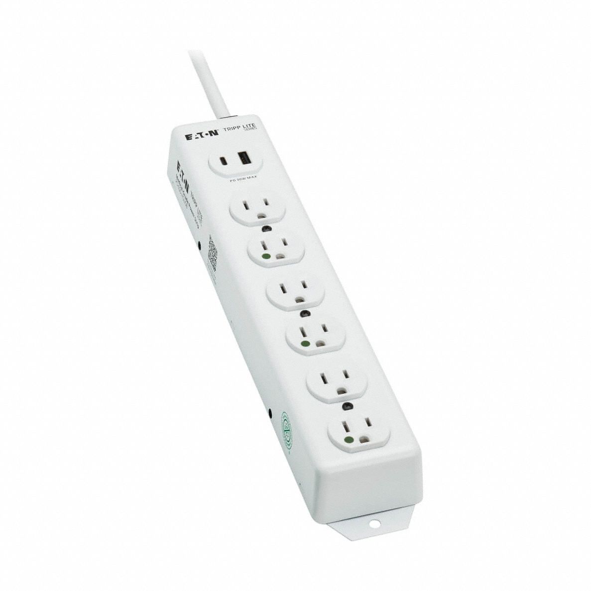 Power Strip: 6 Outlets, 6 ft Cord Lg, 15 A Max. Amps, White, Antimicrobial