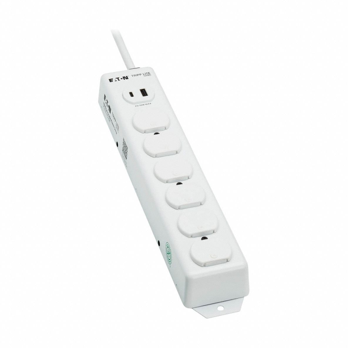 Power Strip: 6 Outlets, 15 ft Cord Lg, 15 A Max. Amps, White, Antimicrobial