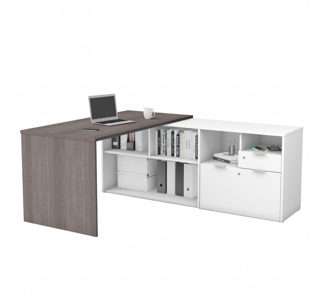 L-Shaped Office Desk: Bark Grey/White, 71 1/8 in Overall Wd, 59 1/4 in Overall Dp