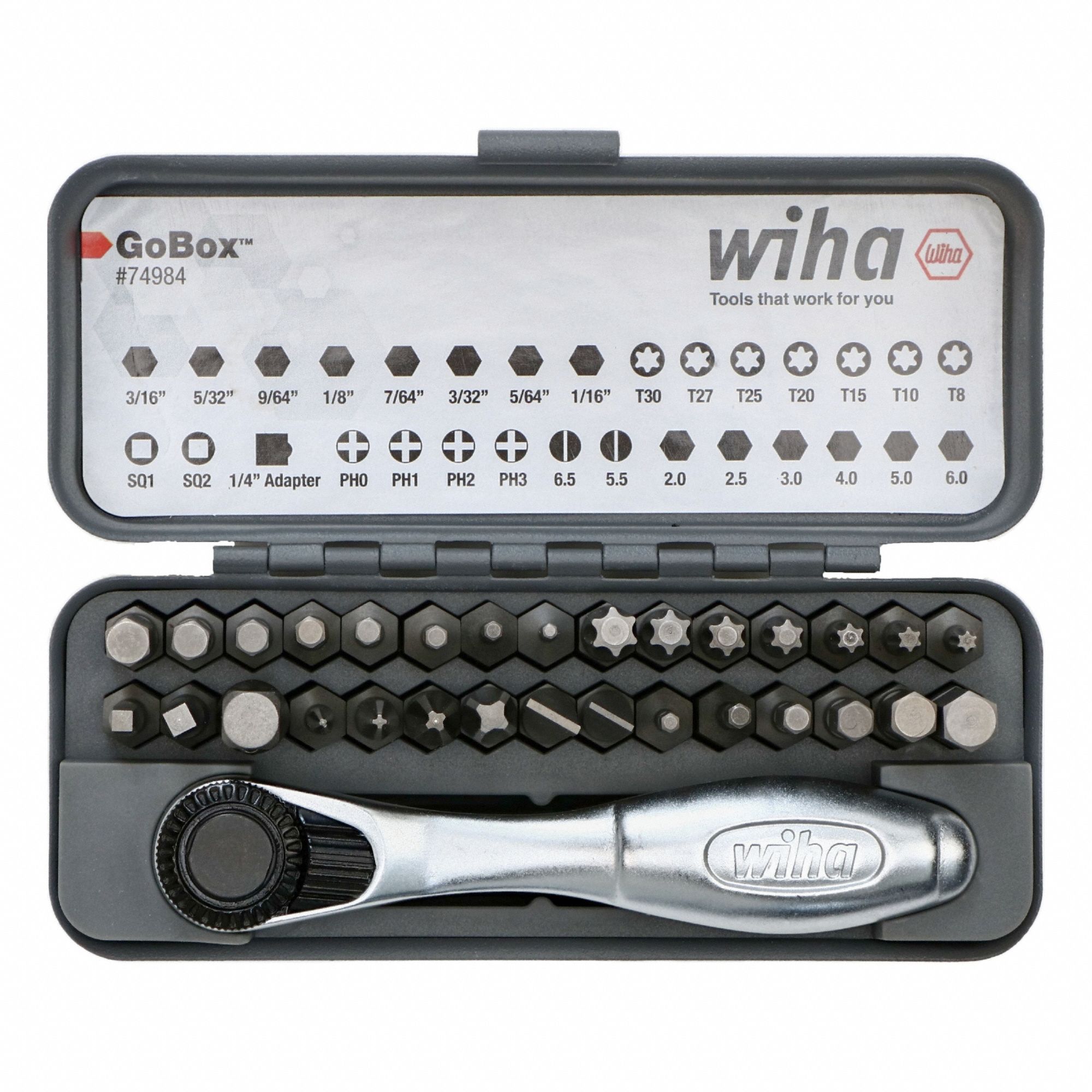 Socket Bit Sets: 26 - 50 Pieces, 1/4 in Drive Size, 32 Pieces, 4 1/4 in Overall Lg, GoBox