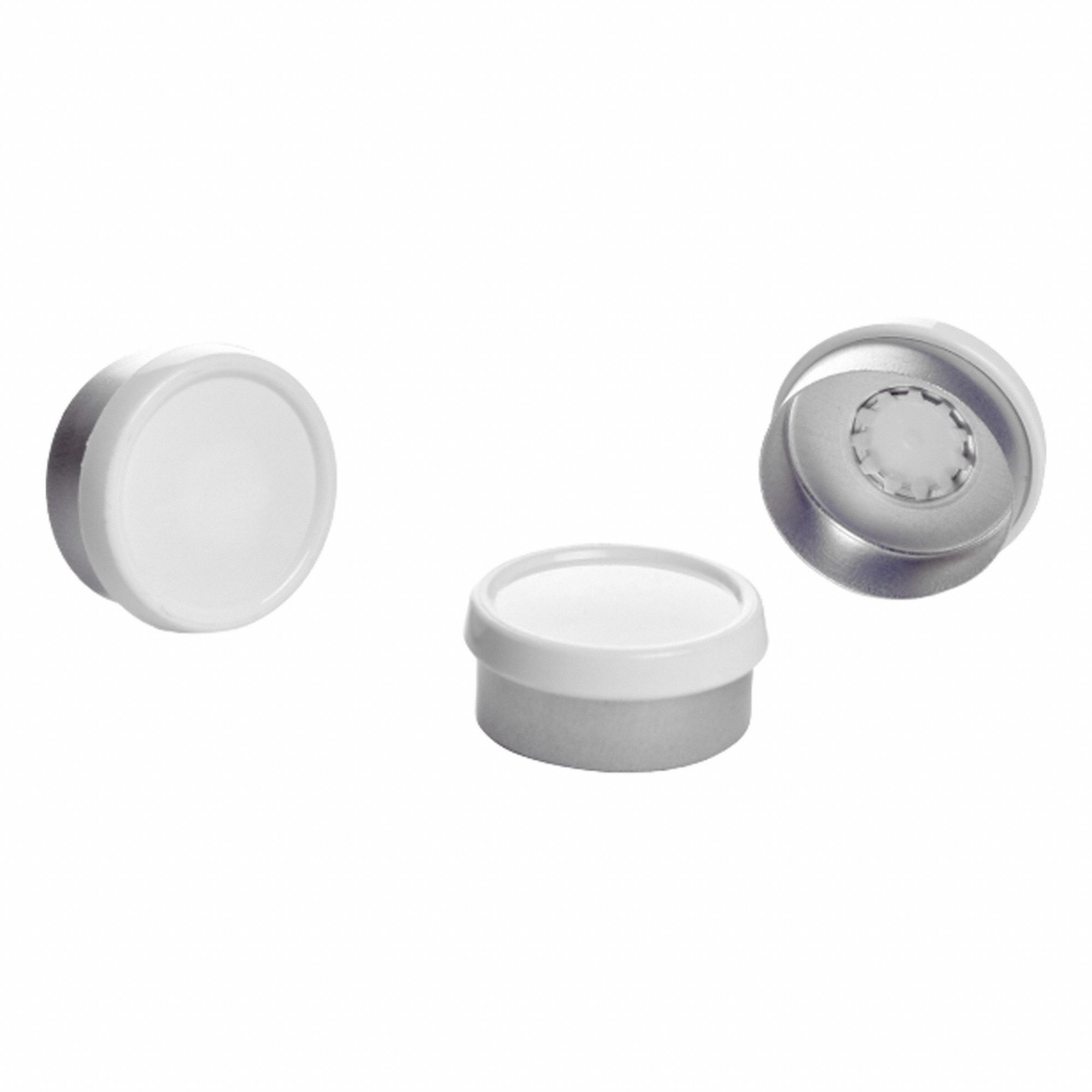 Lab Bottle Caps: 20 mm Dia, Silver, Aluminum, Unlined, 1,000 Closures Included, Colored (MPN W224205). Key specifications — Closure Type: Flip Cap; Clarity: Colored; Septa Included: No; Vented: No; Brand: WHEATON; Closure Color: Silver; Closure Liner Material: Unlined.