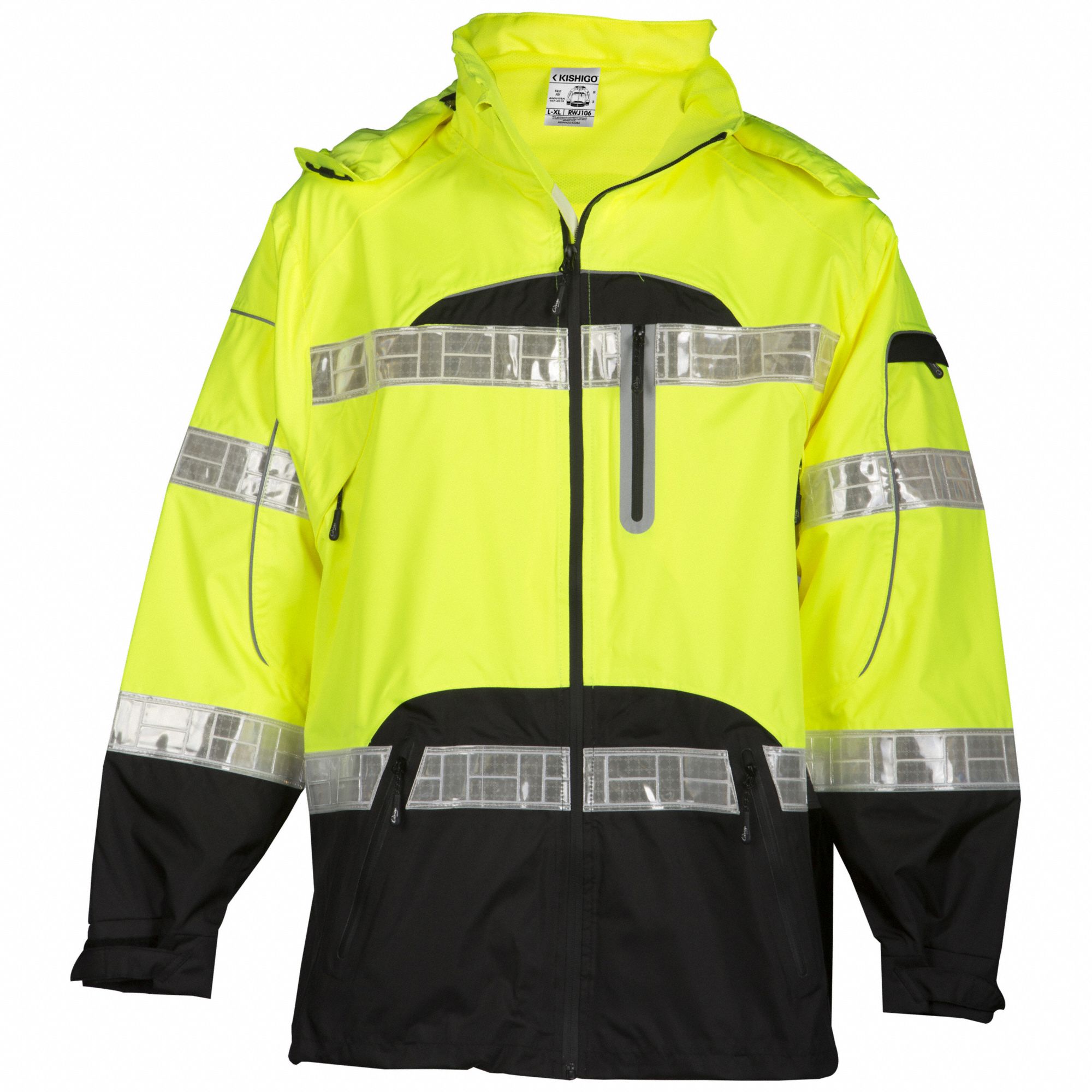 KISHIGO Rain Jacket, Reflective Piping: Horizontal, L/XL, Black/Yellow,  Zipper, 4 Pockets, Polyester