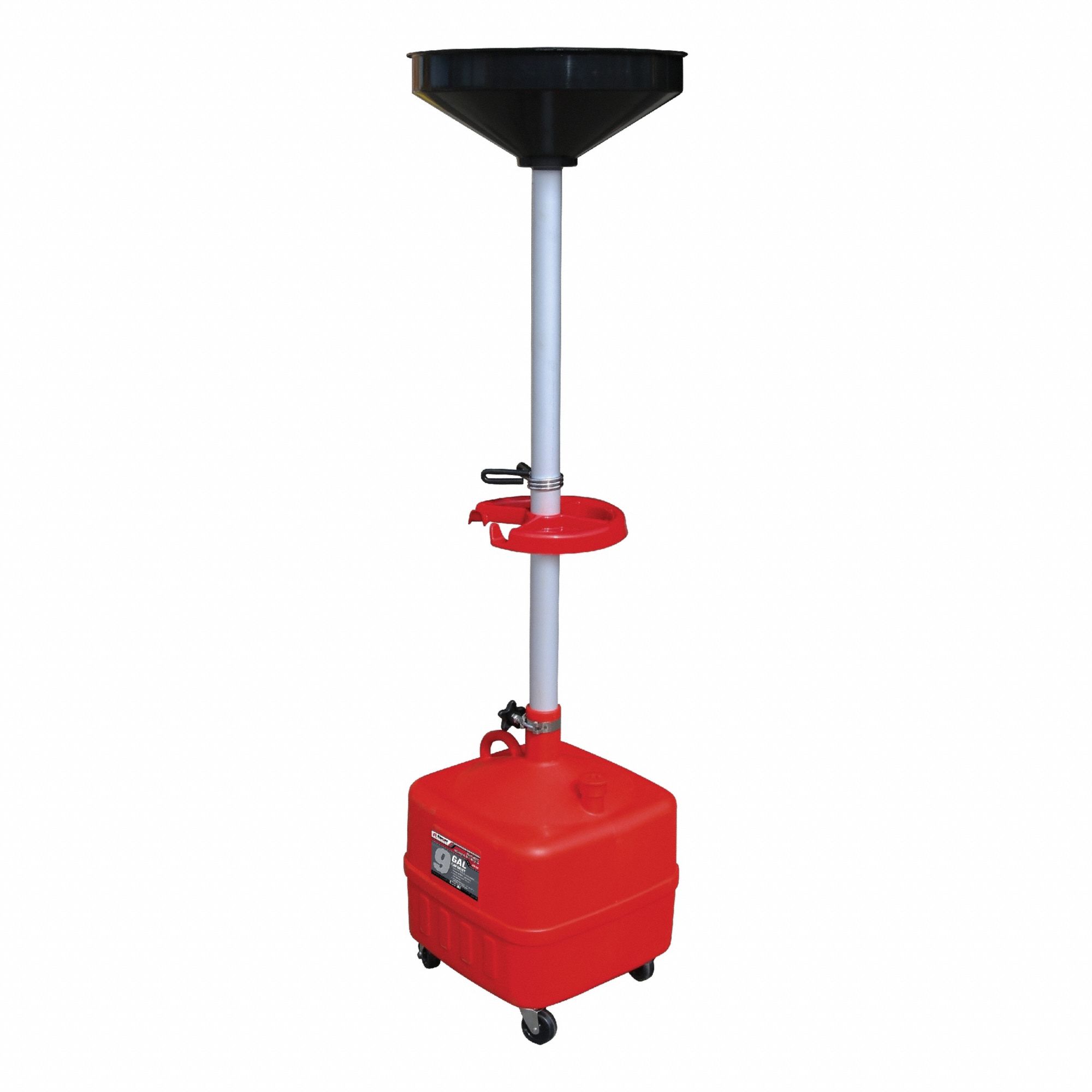 Portable Oil Drain: 9 gal Capacity, 15 in Overall Dia, 66 in Overall Ht, 15 in Overall Lg, Clear