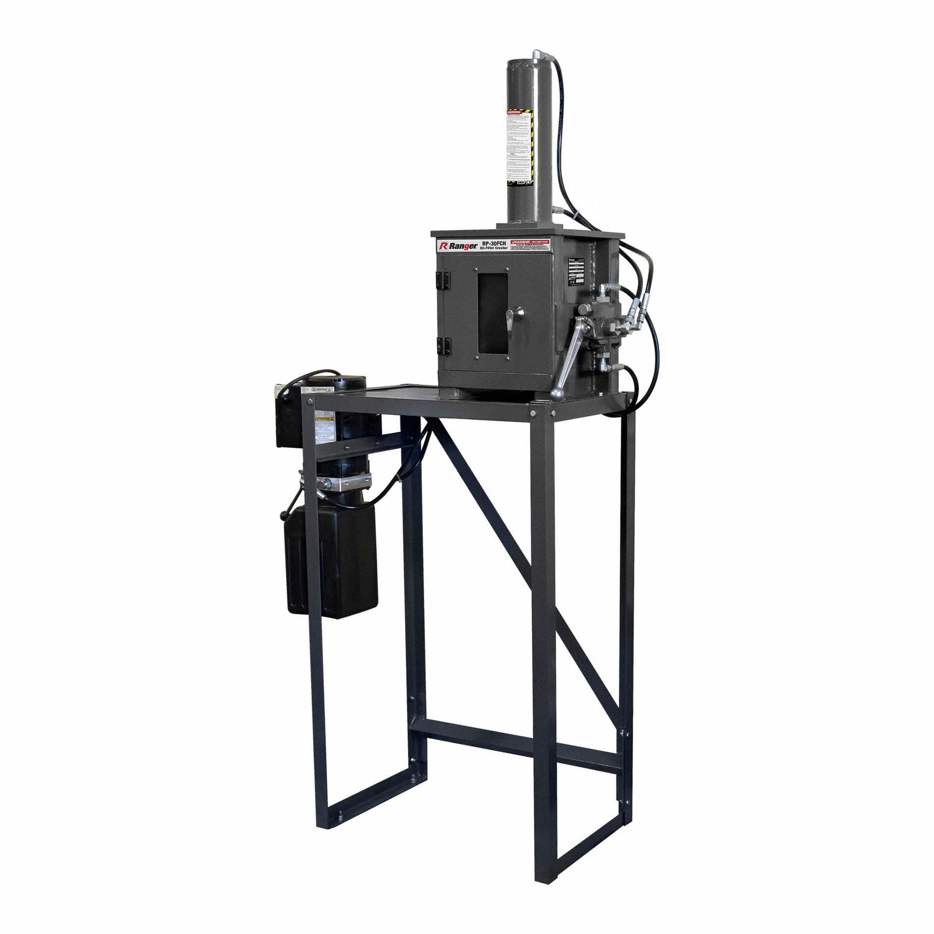 Oil Filter Crusher: Electric/Hydraulic, 15 ton Force Capacity, 2.11 gal Oil Capacity, Steel