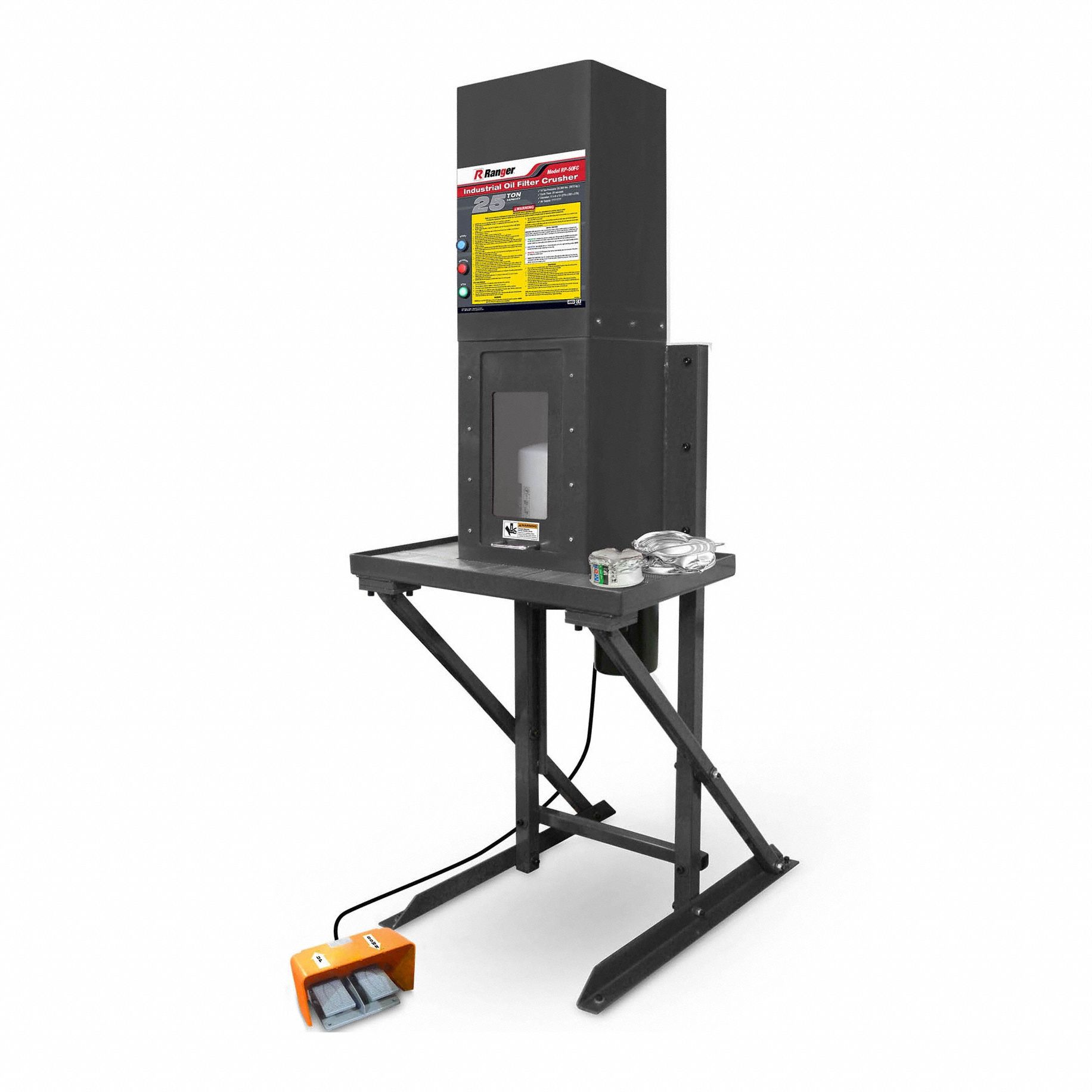 Oil Filter Crusher: Electric/Hydraulic, 25 ton Force Capacity, 3 gal Oil Capacity, Steel