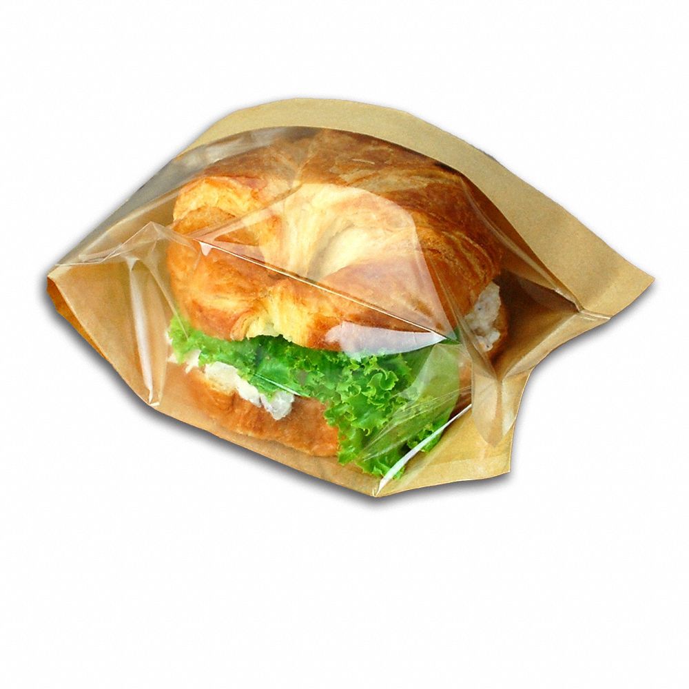 Window Sandwich Bag: 4 1/2 in Wd, 2 1/2 in Dp, Kraft Paper/OPP, Heat Sealable, 500 PK
