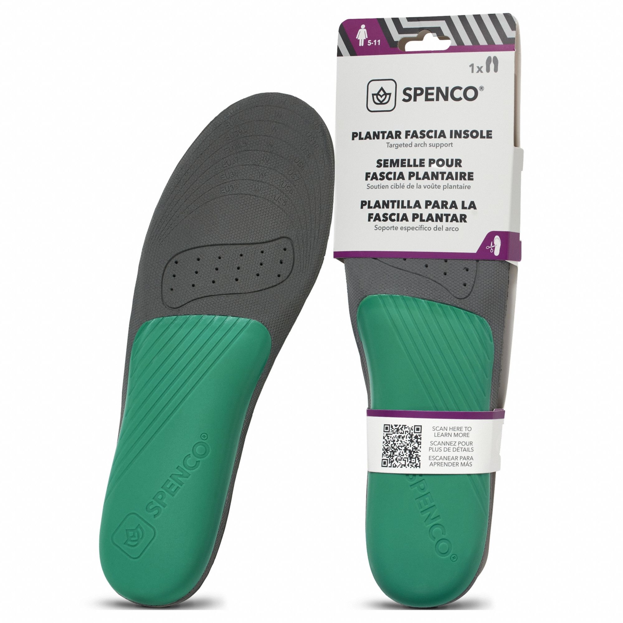 Insole: Plantar Fasciitis, Black/Green, Plantars Fascia Women's Trim to Fit, Women's, 1 PR