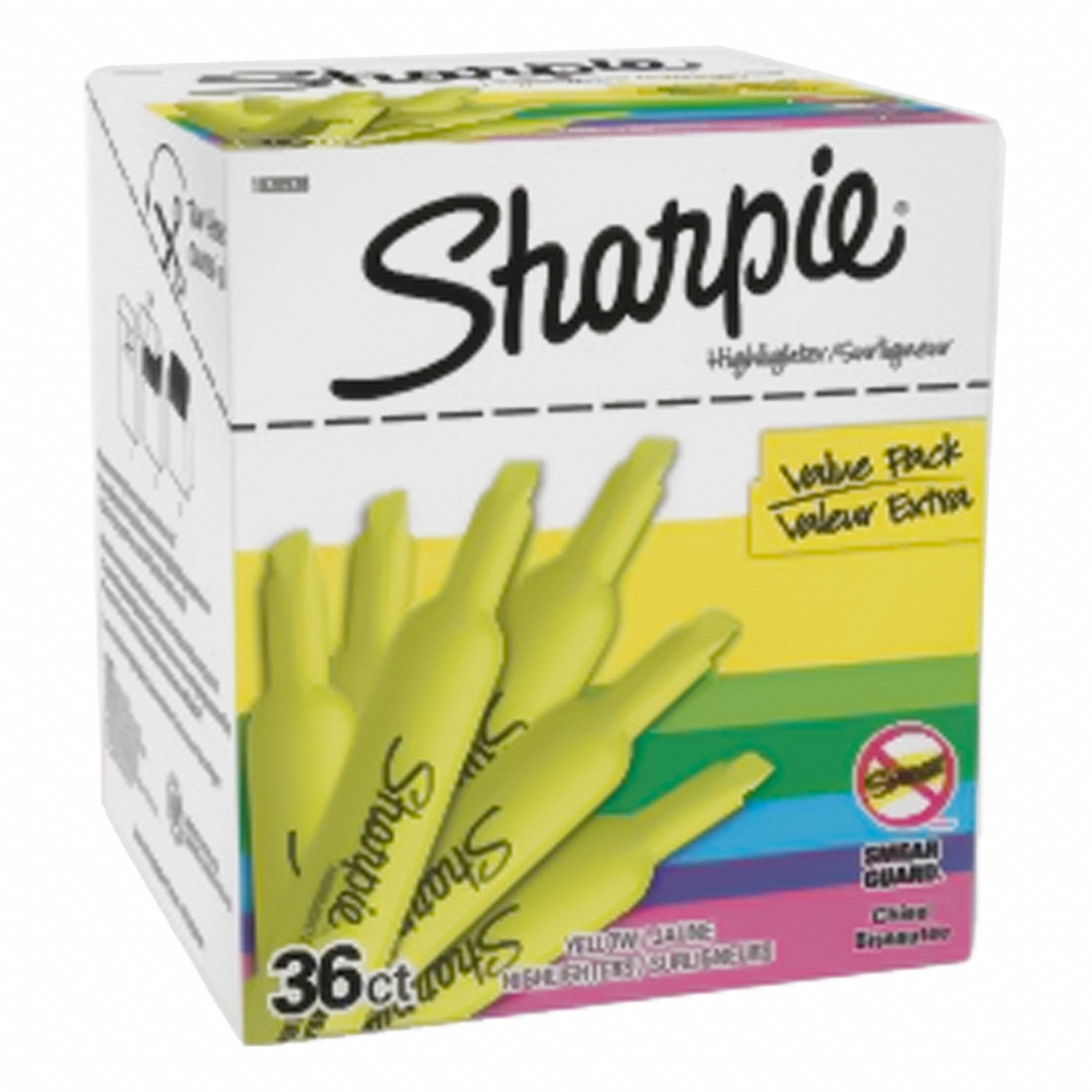 Highlighter: Yellow, Chisel, Capped, Std, Std, Non-Toxic, Smear-Resistant Ink, 36 PK