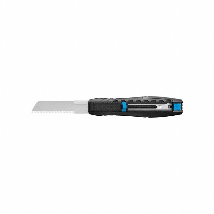 MARTOR Utility Knife: 6 1/2 in Overall Lg, Textured, 3/4 in Overall Wd, Black/Blue, Button (MPN 383005.02). Key specifications — attr307884: Button; attr307885: Steel Serrated; attr307882: Black; attr307878: Textured; attr307881: Glass Fiber Reinforced Plastic; attr324892: MARTOR.