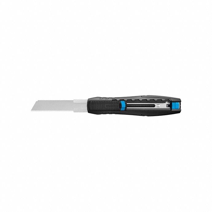 MARTOR Utility Knife: 6 1/2 in Overall Lg, Textured, 3/4 in Overall Wd, Black/Blue, Button (MPN 383001.02). Key specifications — attr307884: Button; attr307885: Steel Double Bevel Edge-Ground; attr307882: Blue; attr307878: Textured; attr307881: Glass Fiber Reinforced Plastic; attr324892: MARTOR.