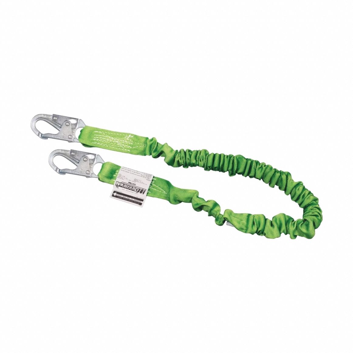 Shock-Absorbing Lanyard: Tubular Webbing, Steel Rebar Hook, Polyester Web Loop, 1 Legs, Green