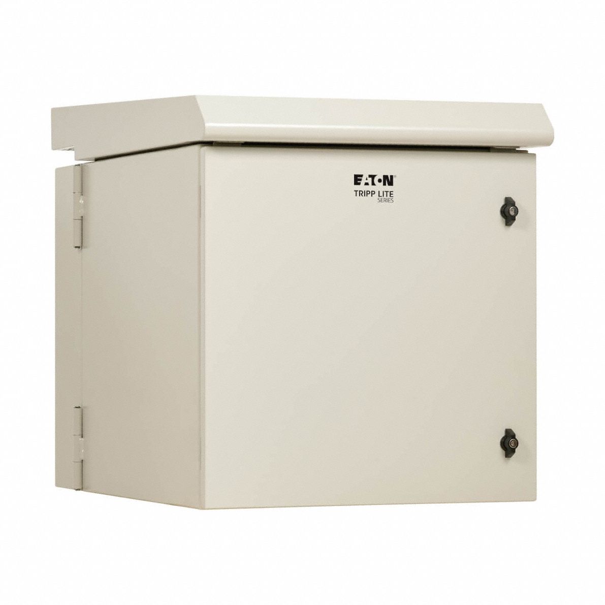 EATON TRIPP LITE Server Enclosure with Fan: 12 Rack Units, NEMA 3R, 120V AC, Gray Powder-Coated (MPN SRN3RG12USDP). Key specifications — Brand: EATON TRIPP LITE; Includes: (4) LDPE Sheet Metal Plugs; Material: Steel; Fan Input Voltage: 120V AC; Fan Style: (5) 150 mm Fans; PBT Blades; Aluminum Frame; 190/210 CFM.