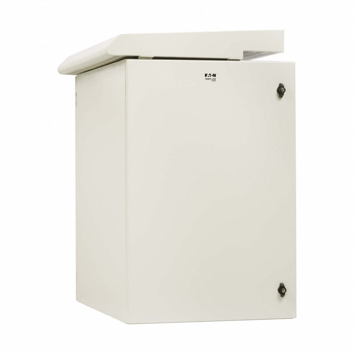 EATON TRIPP LITE Server Enclosure with Fan: 18 Rack Units, NEMA 3R, 120V AC, Gray Powder-Coated (MPN SRN3RG18UHD). Key specifications — Brand: EATON TRIPP LITE; Includes: (2) Keys; Material: Steel; Fan Input Voltage: 120V AC; Fan Style: (6) 150 mm Fans; PBT Blades; Aluminum Frame; 190/210 CFM.