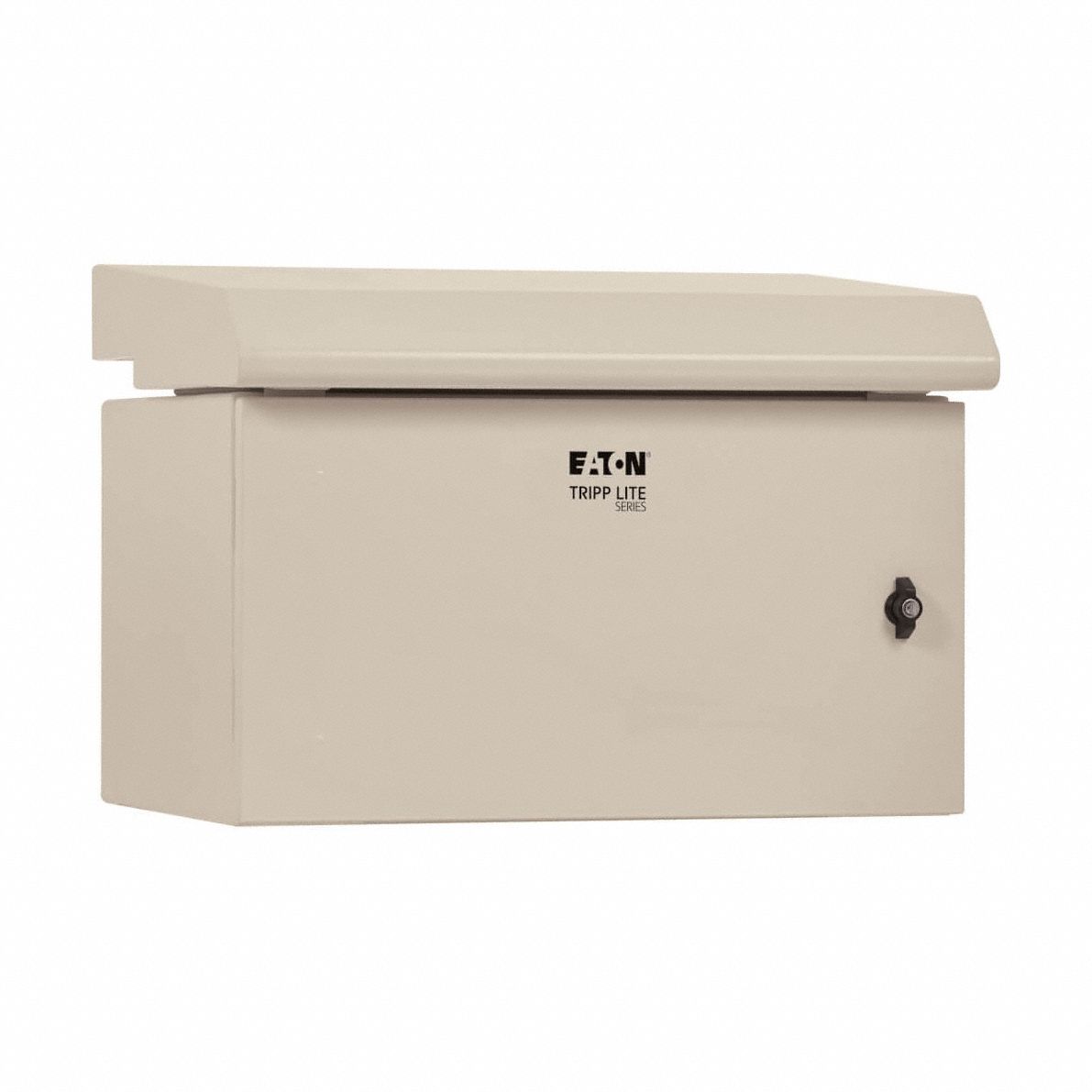 EATON TRIPP LITE Server Enclosure with Fan: 6 Rack Units, NEMA 3R, 120V AC, Gray Powder-Coated (MPN SRN3RG6U). Key specifications — Brand: EATON TRIPP LITE; Includes: (2) Keys; Material: Steel; Fan Input Voltage: 120V AC; Fan Style: (7) 150 mm Fans; PBT Blades; Aluminum Frame; 190/210 CFM.