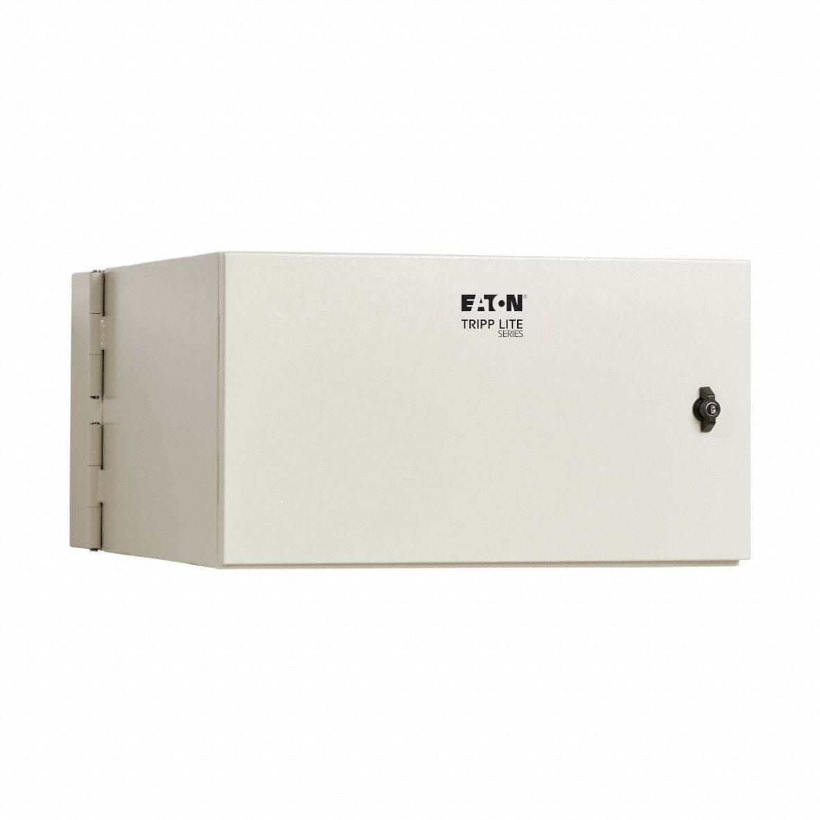 EATON TRIPP LITE Server Rack Enclosure: 6 Rack Units, NEMA 4, 13 5/8 in x 24 in x 30 in, Wall Mount (MPN SRN4G6US). Key specifications — Brand: EATON TRIPP LITE; Includes: (2) Keys; Material: Steel; Features_Broad: Hinged Back.