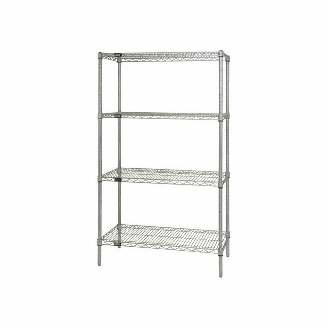 Wire Shelving Unit: Starter, 72 in x 24 in, 63 in Overall Ht, 4 Shelves, Silver