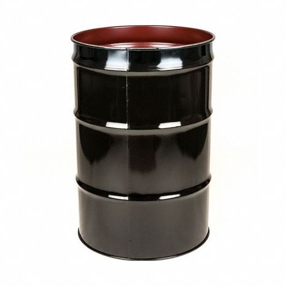 Trash Can: Round, Open Top, 55 gal Container Capacity, 23 in Overall Dia, 23 in, Steel, Black