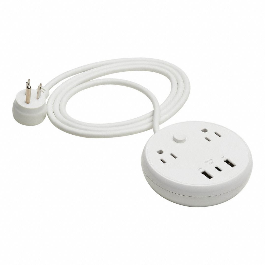 Surge Protector: 2 Outlets, NEMA 5-15R, NEMA 5-15P, 6 ft Cord Lg, 300 Rated Joules, White