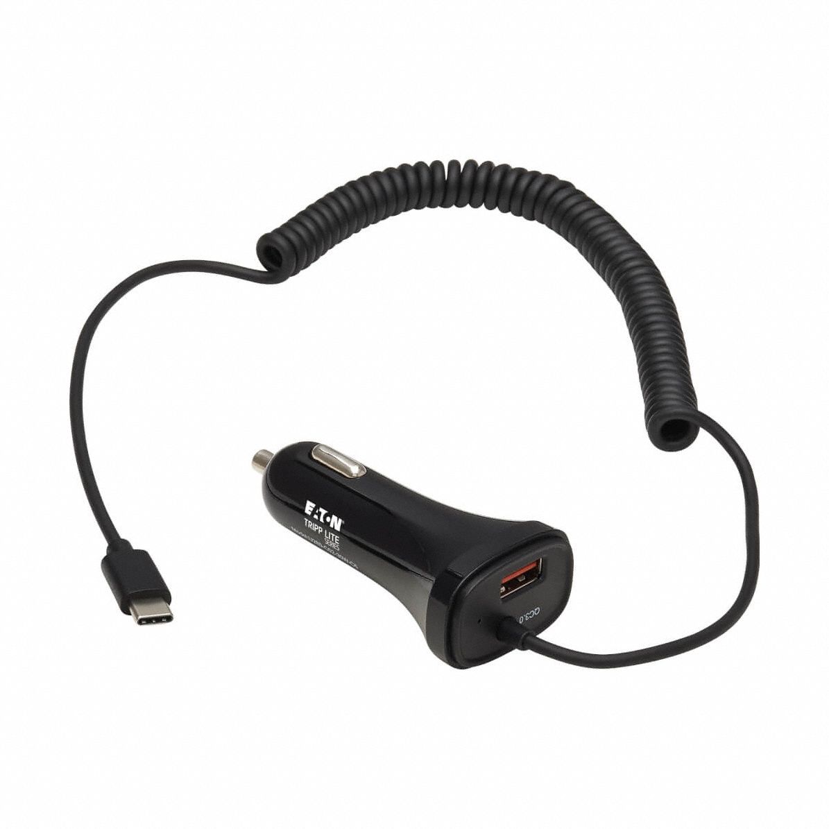 Usb Charger: Charger, 3 Connections, 6 ft Cord Lg, Black, Coiled USB-C Cable