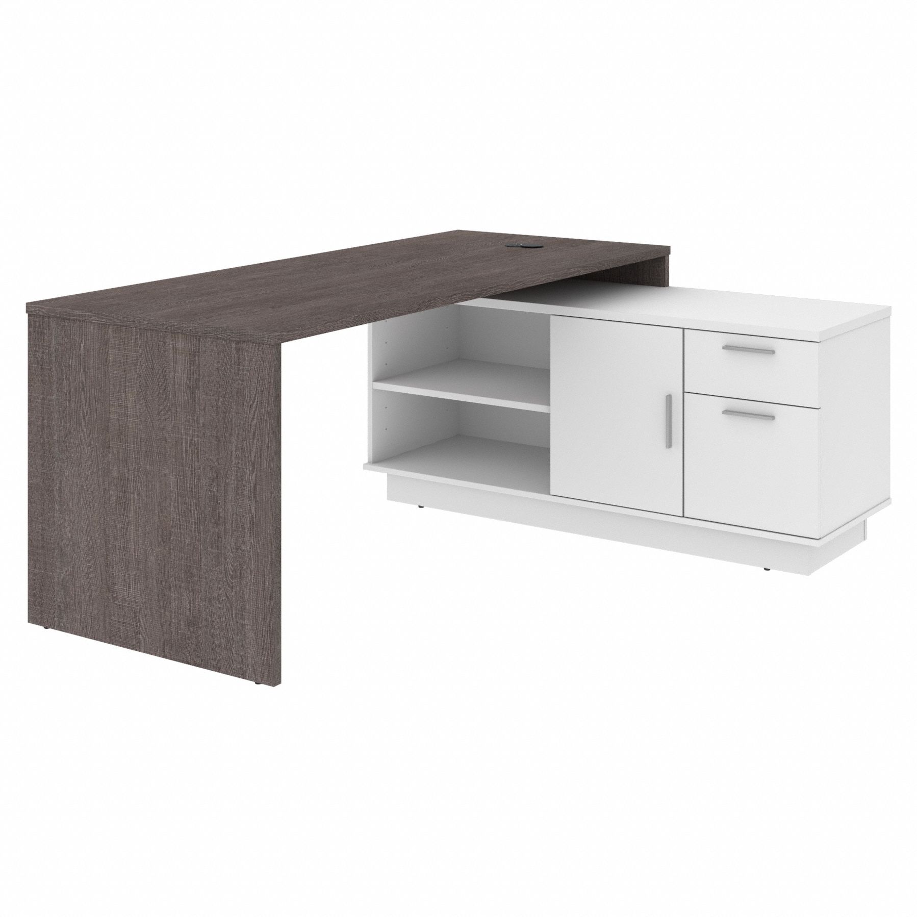 L-Shaped Office Desk: Bark Grey/White, 71 1/8 in Overall Wd, 56 in Overall Dp