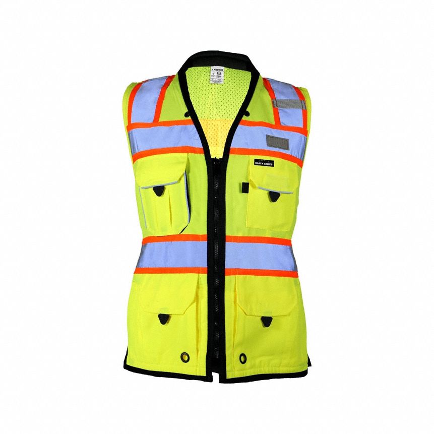 Surveyors Vest: ANSI Class 2, U, 2XL, Lime, Solid/Mesh Polyester, Zipper, Contrasting